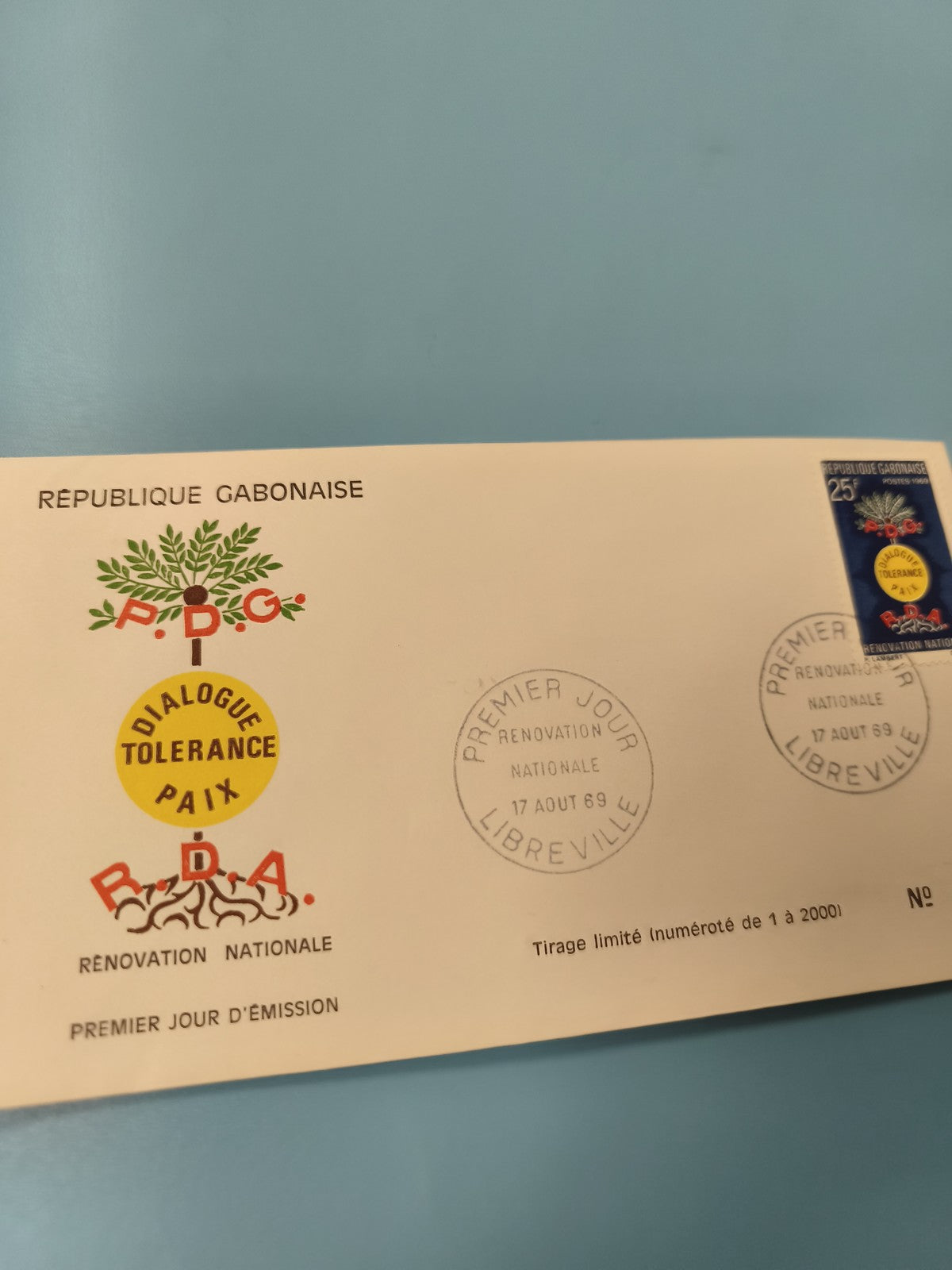 Enveloppe FDC Gabon 1969 Rénovation Nationale Timbre 25F Dialogue Paix