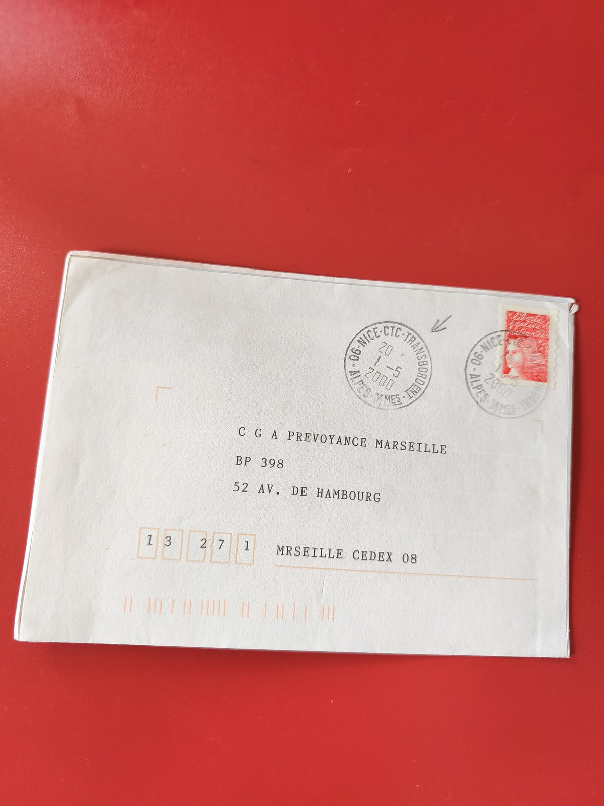Enveloppe philatélie oblitérée timbre Marianne rouge Marseille Nice 2000