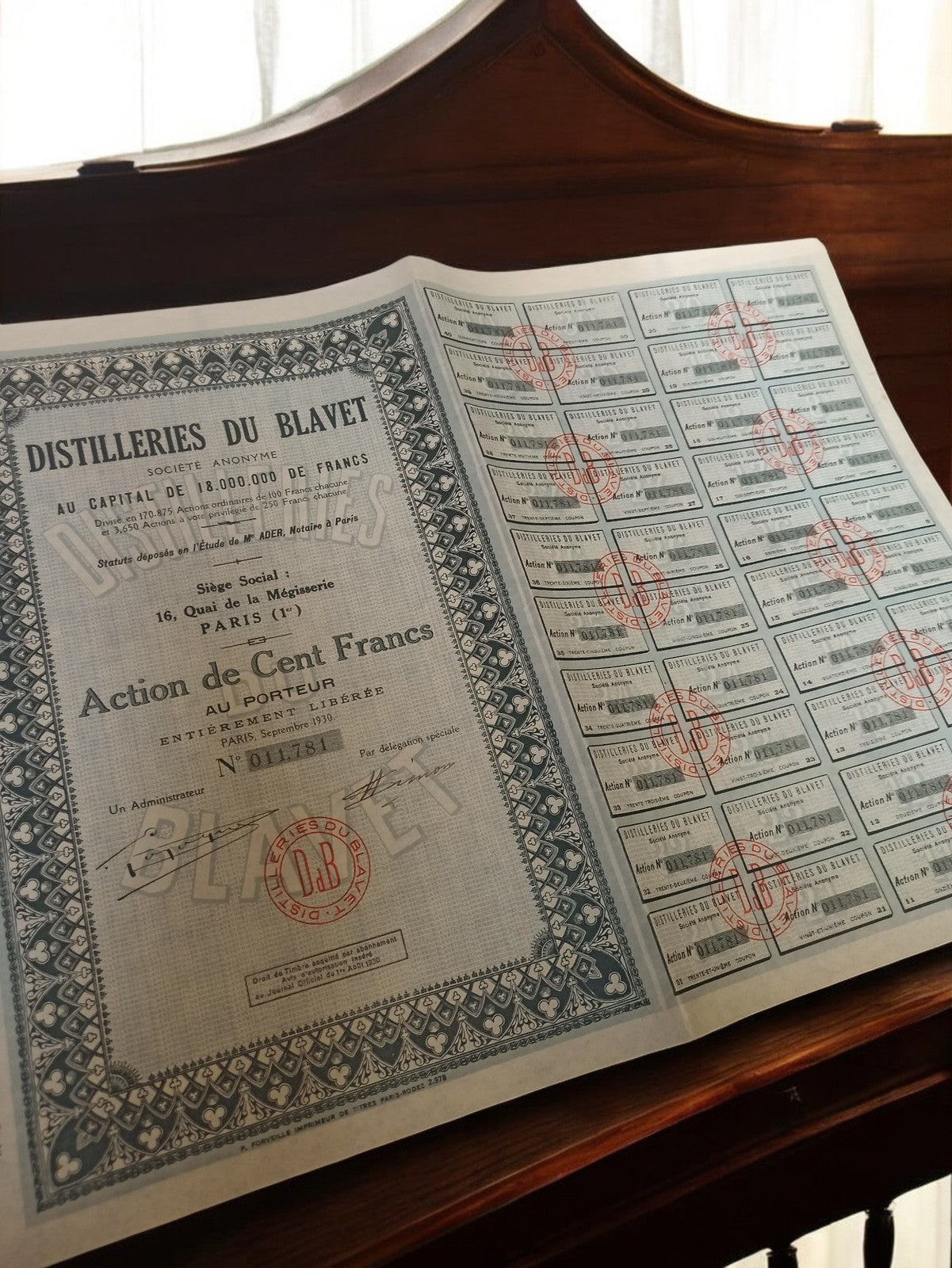 Action ancienne Distilleries du Blavet 1930 au porteur vintage authentique