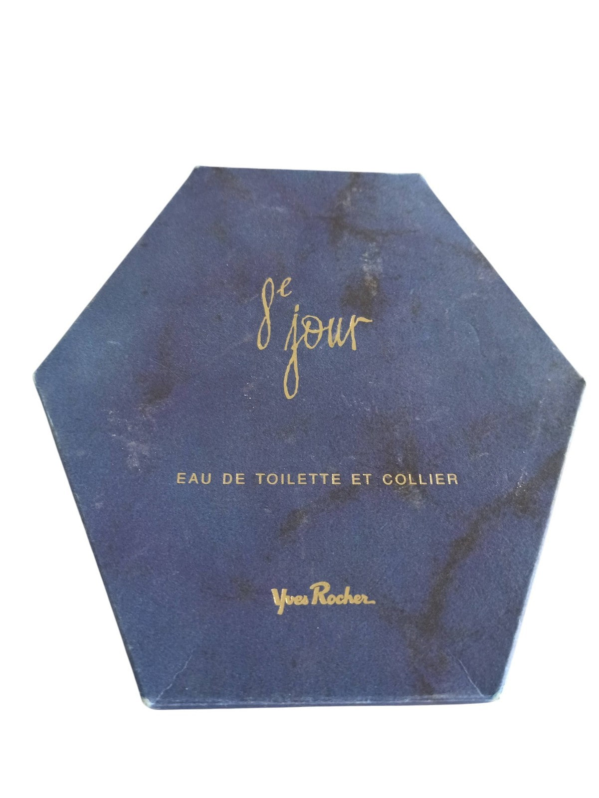 Coffret parfum vintage Le 8e Jour flacon ambré, écrin hexagonal bleu