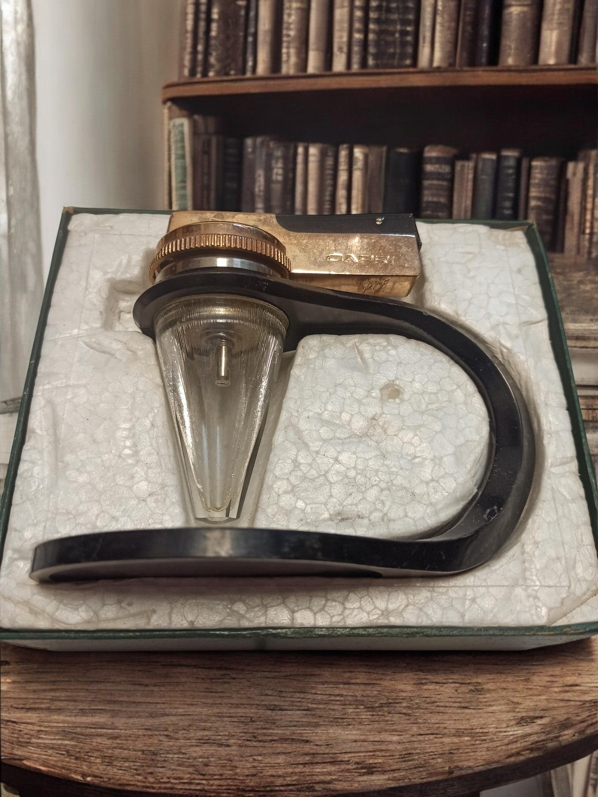 Briquet de table vintage Capri, design rétro, métal doré et verre, ancien