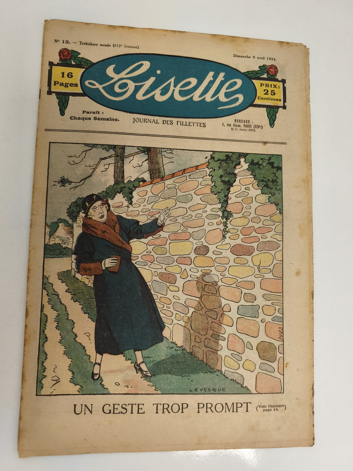 Journal ancien Lisette 1933 couverture illustrée, vintage presse fillette