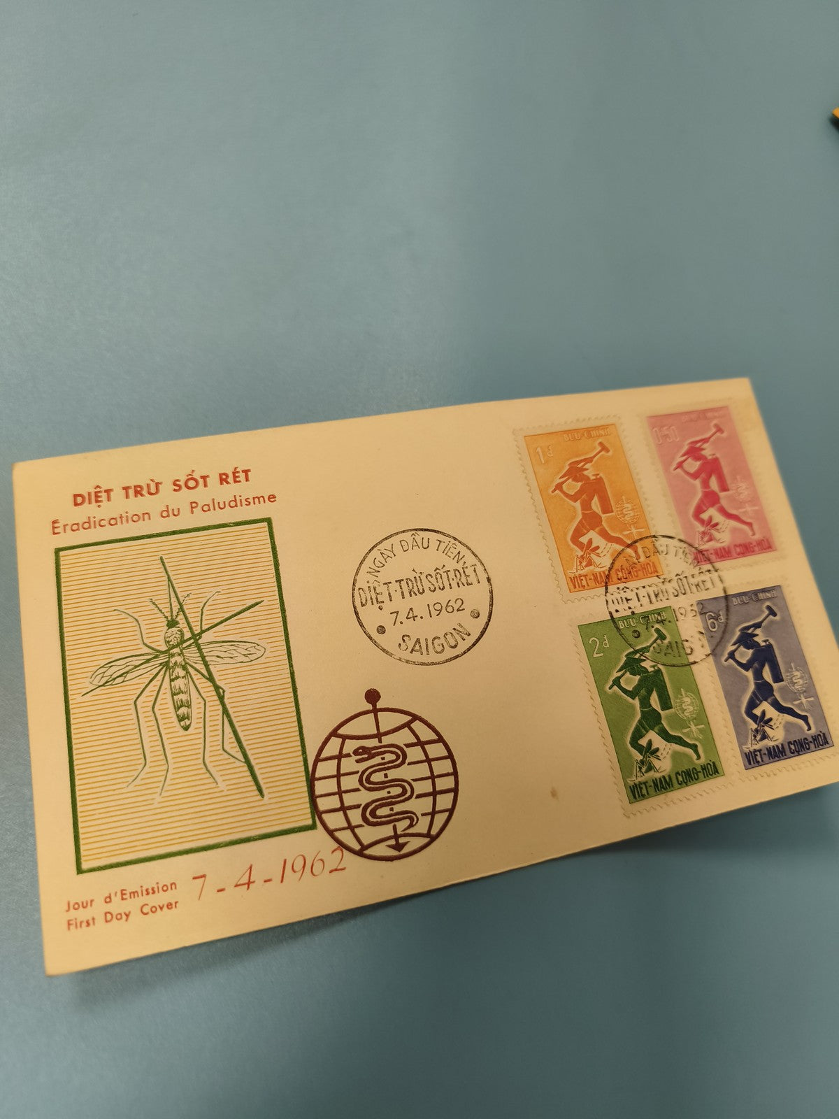 Ancienne enveloppe FDC Vietnam 1962 Éradication Paludisme timbres colorés Saigon