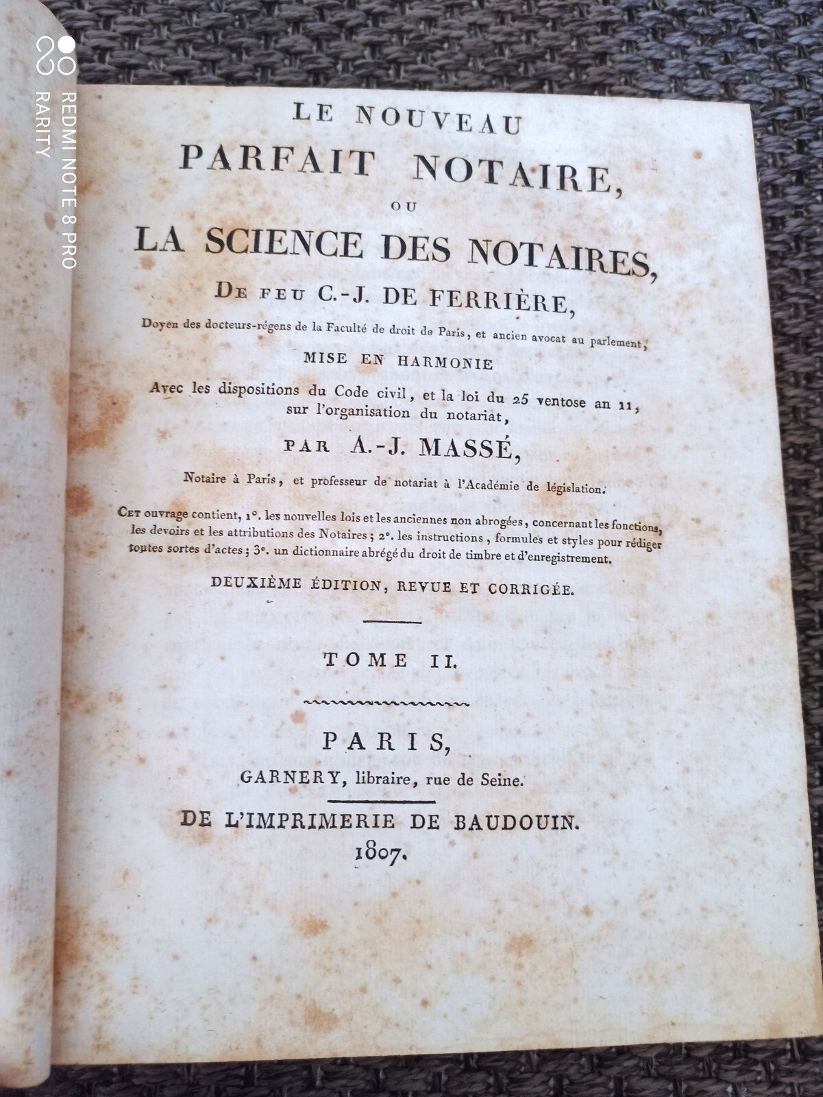 Livre ancien notariat 1807 Parfait Notaire Tome 2 Garnery Paris droit rare
