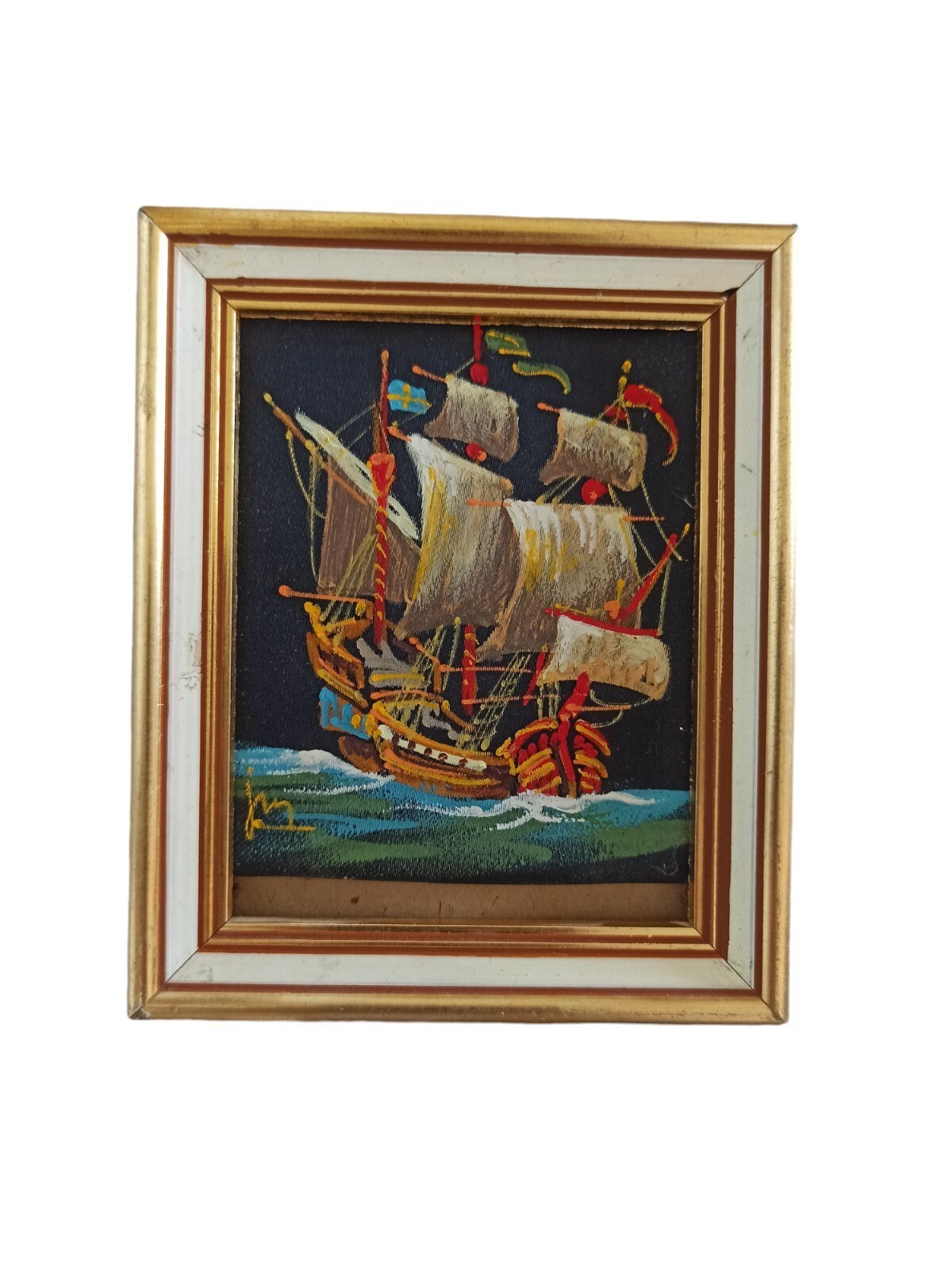 Tableau marin ancien cadre doré – peinture bateau vintage signée décor mural