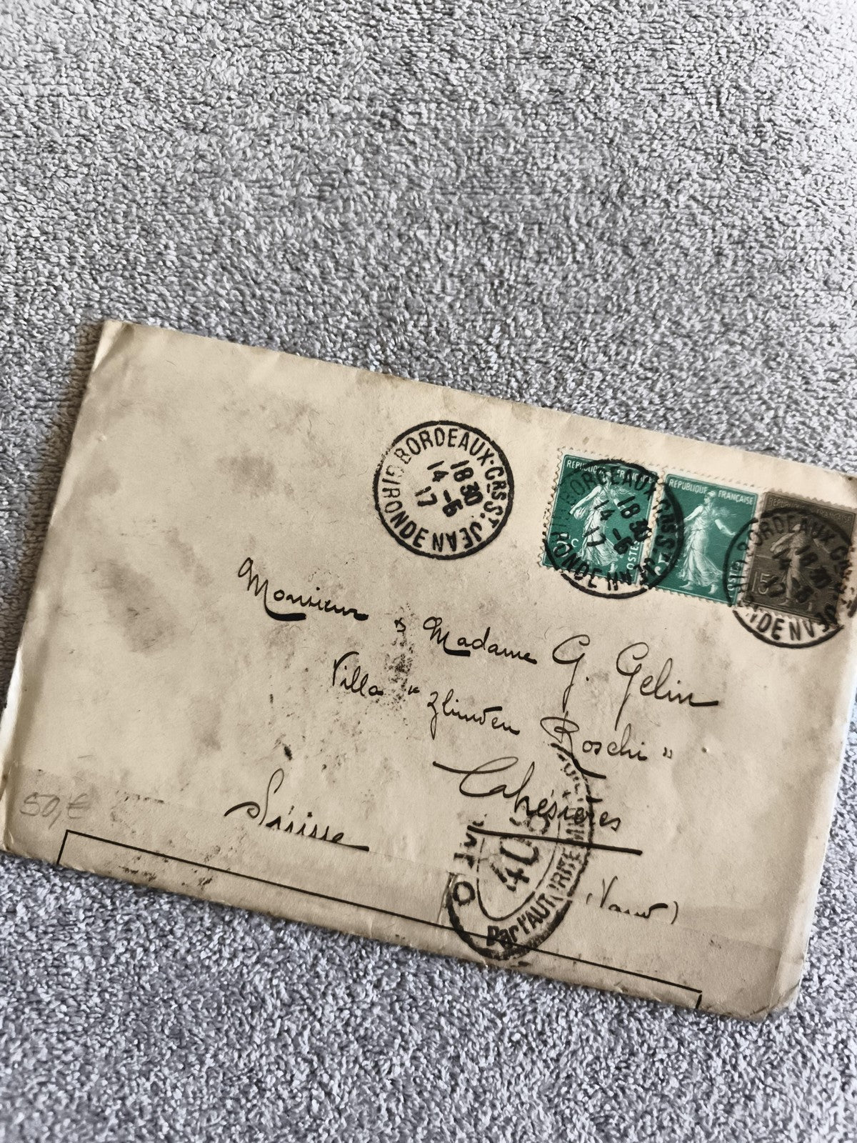 Lettre ancienne oblitérée Bordeaux timbres verts 20c Semeuse philatélie France