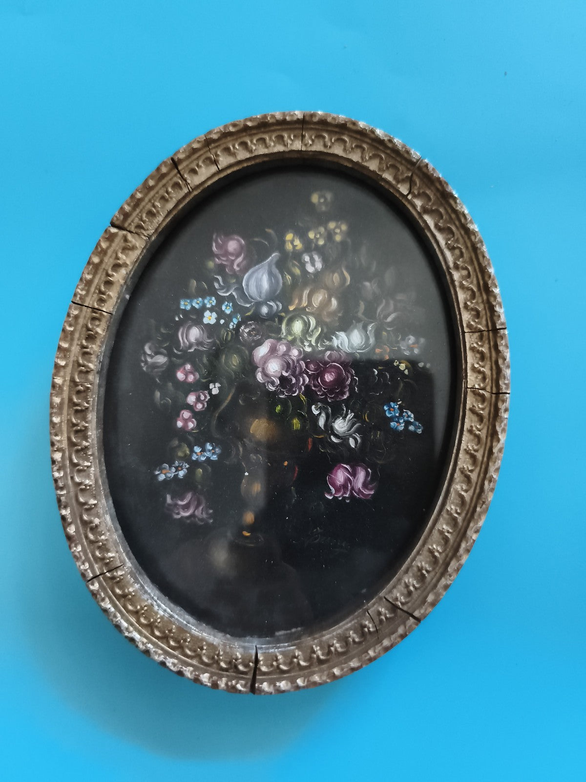 Tableau miniature ancien ovale fleurs cadre doré décoratif peint main vintage