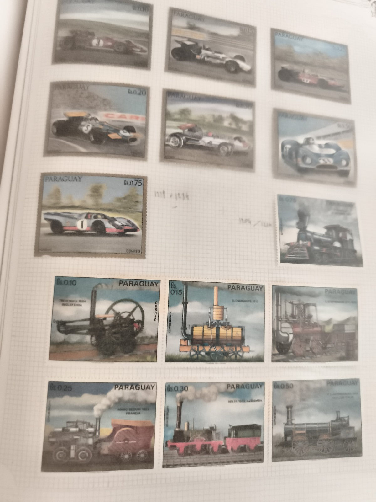 Timbres anciens Paraguay autos sport et locomotives vintage philatélie lot
