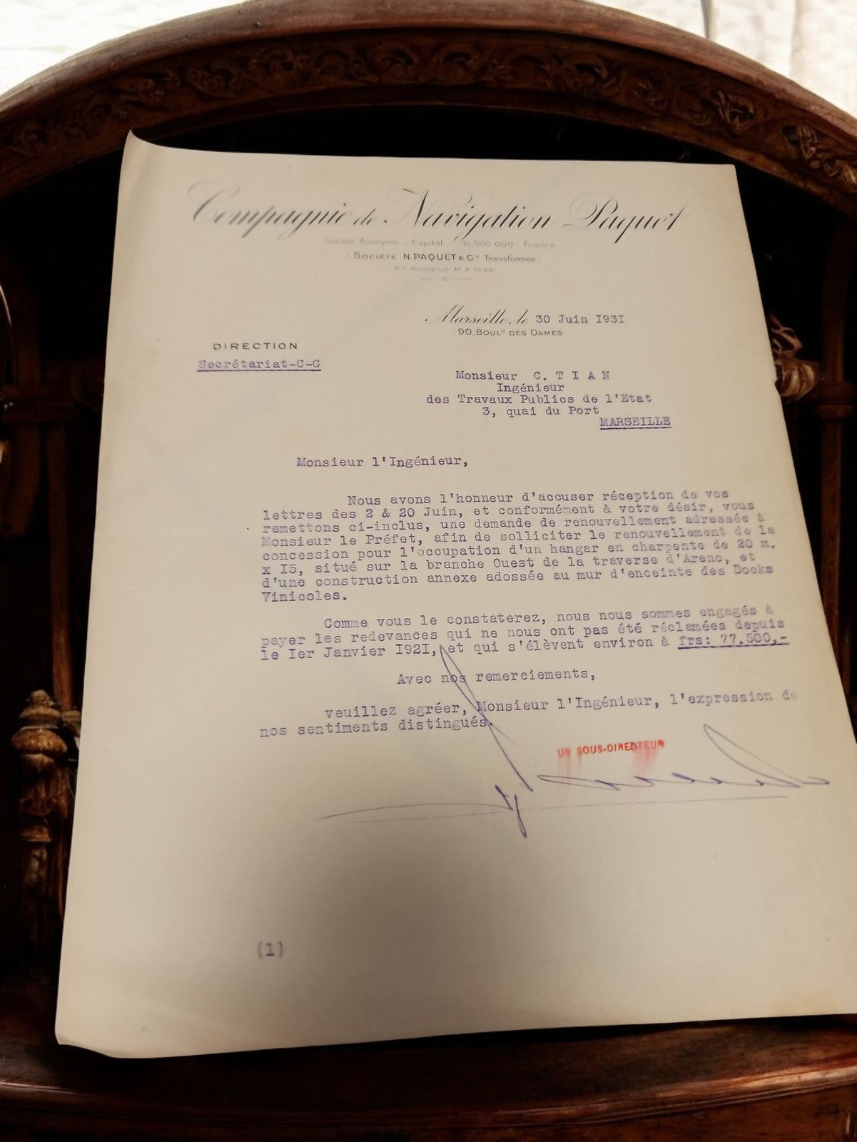 Lettre ancienne Compagnie de Navigation Paquet Marseille 1931 TP hydrauliques vi