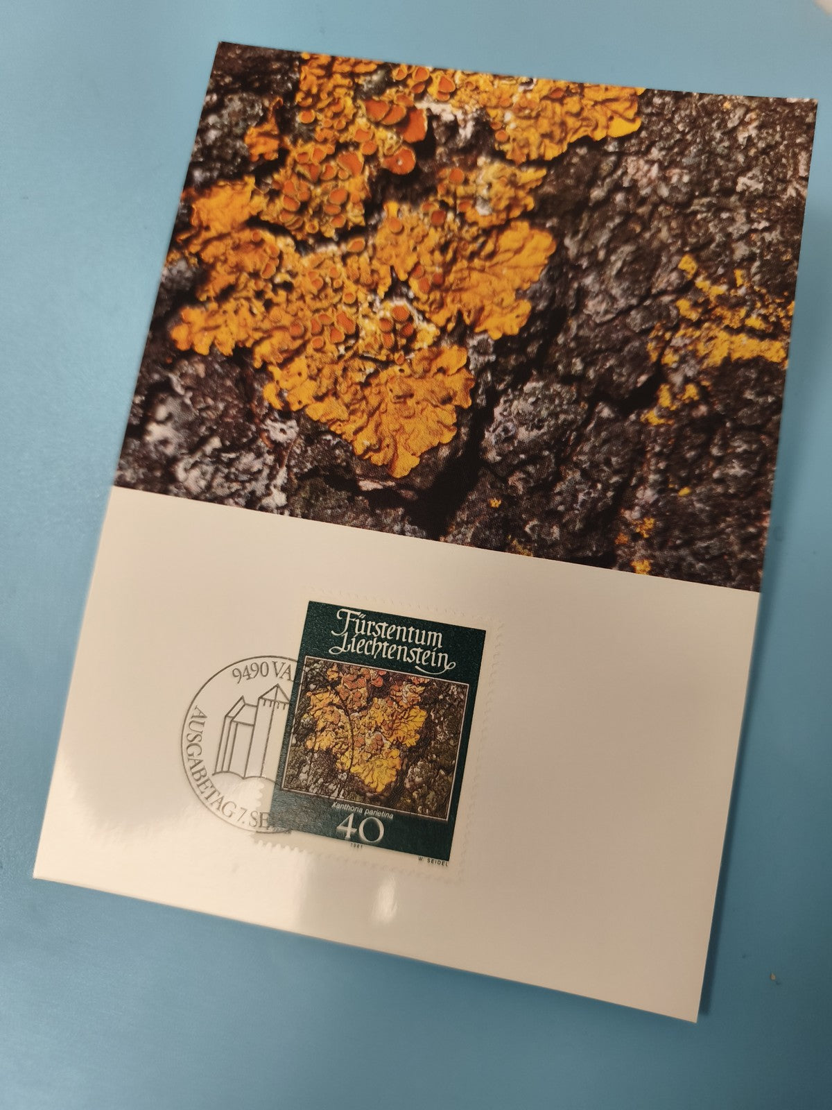 Carte postale Liechtenstein timbre 40 Fürstentum orange lichens oblitérée