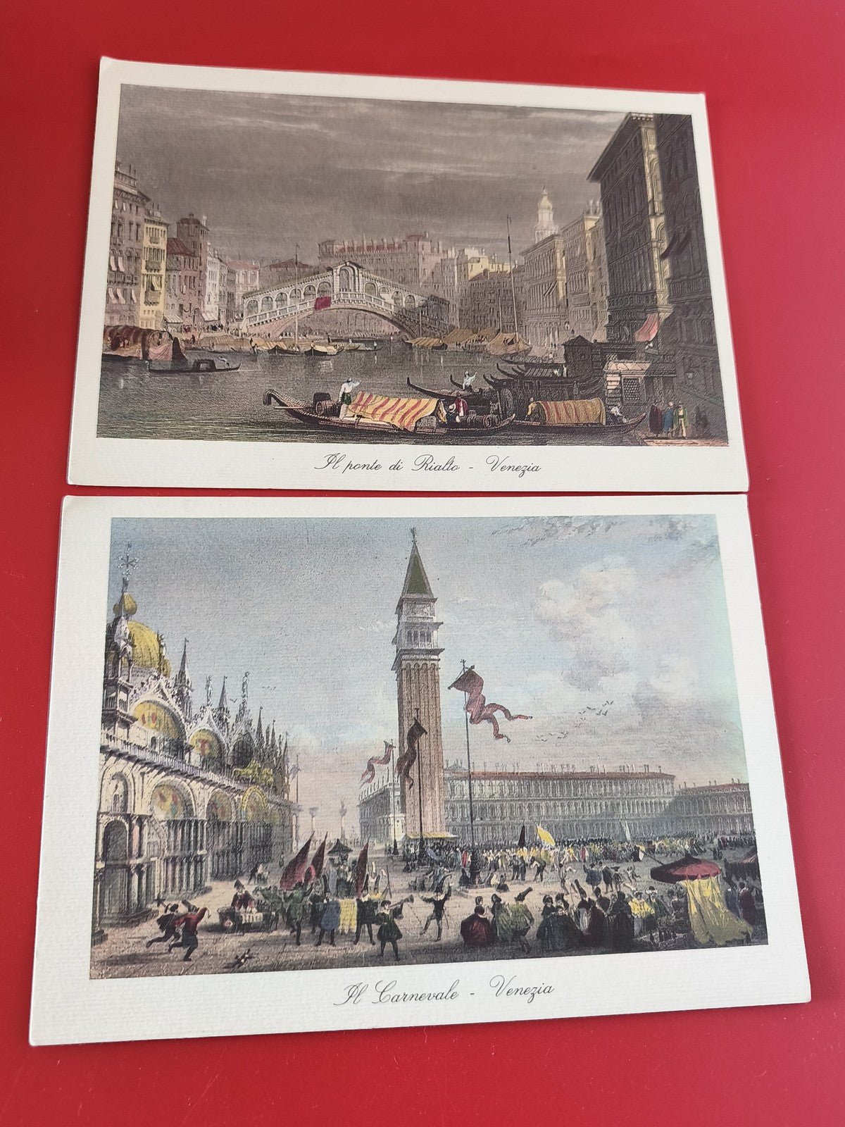 Lot 2 cartes anciennes Venezia ? Pont Rialto & Carnaval, illustrations couleur