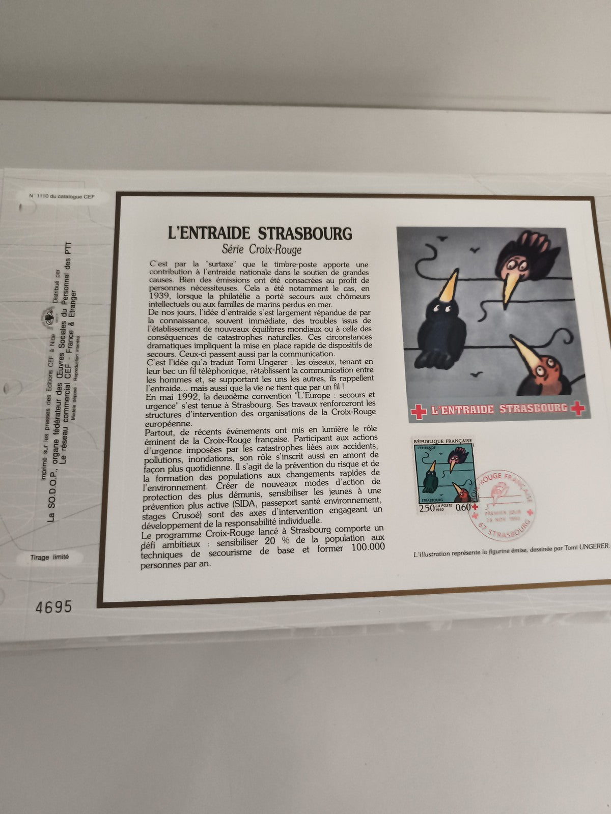 Feuillet philatélique CEF L'Entraide Strasbourg Croix-Rouge Tomi Ungerer