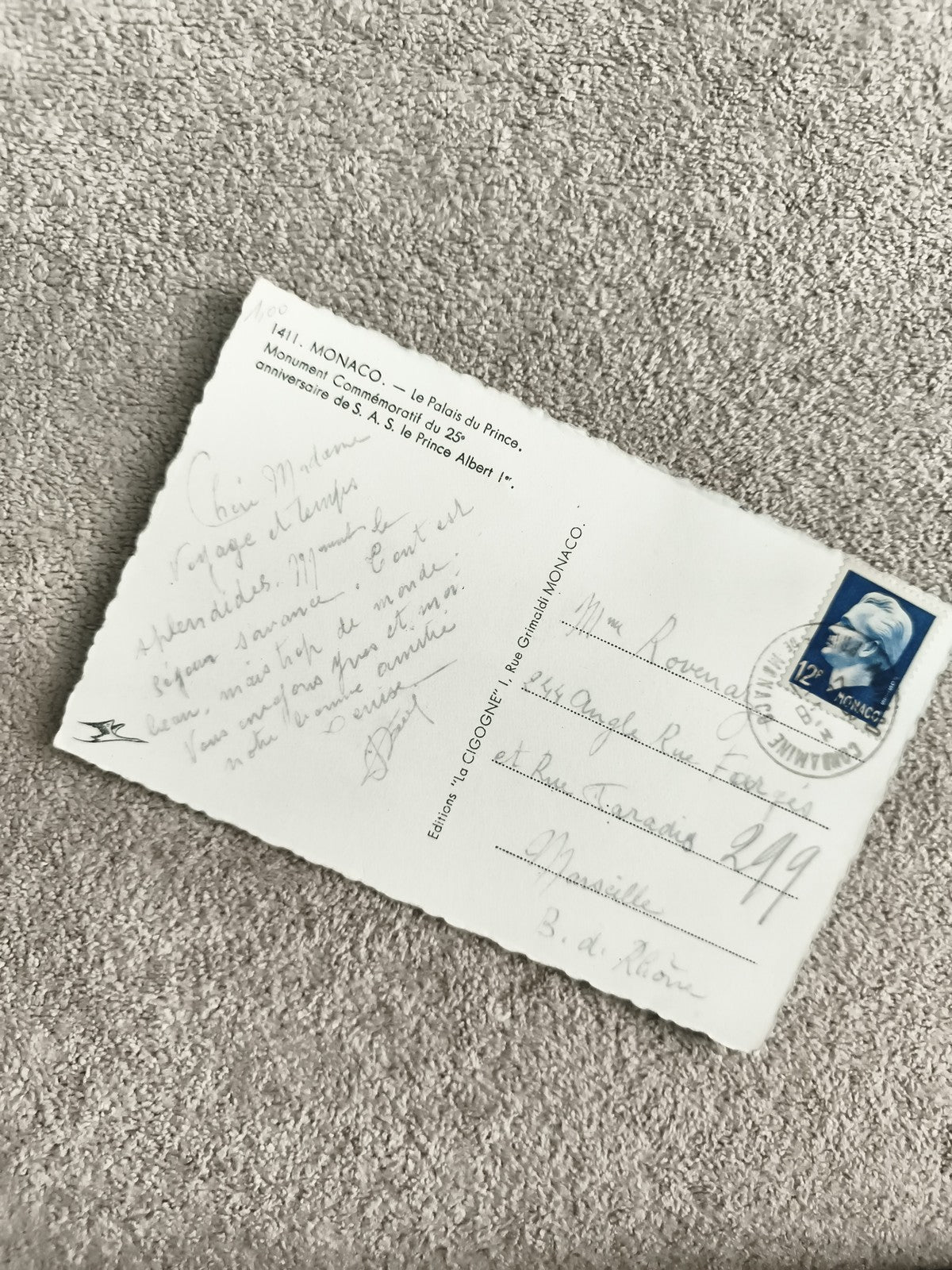 Carte postale Monaco Palais du Prince timbre 12F Albert I philatélie écrite