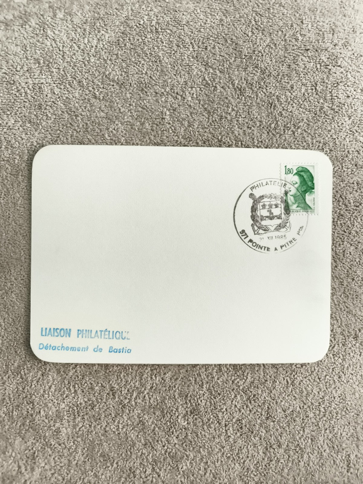 Carte philatélique Bastia 1985 oblitération 1.80 Marianne timbre France