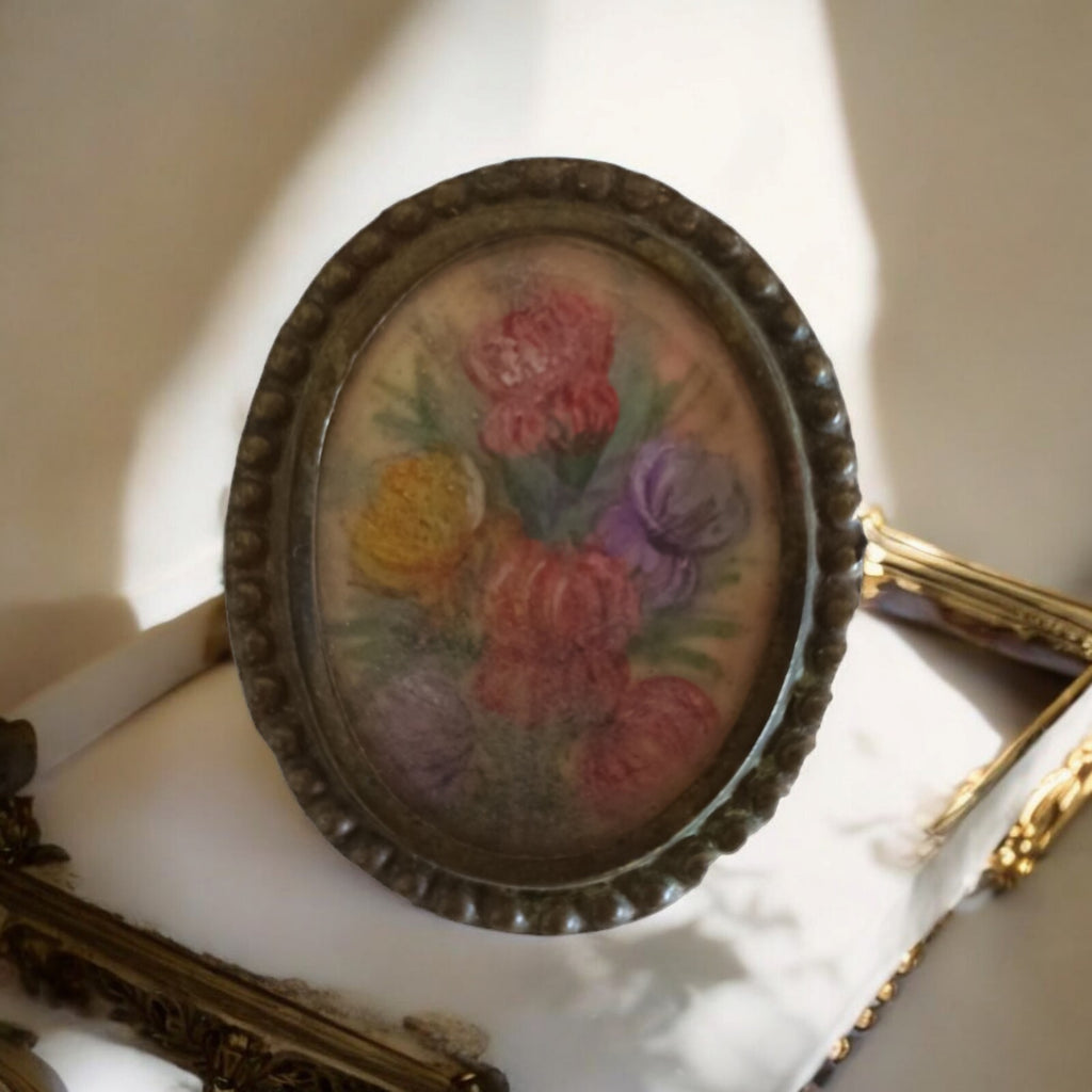 Broche ancienne ovale peinte à la main, fleurs, style années 50 vintage