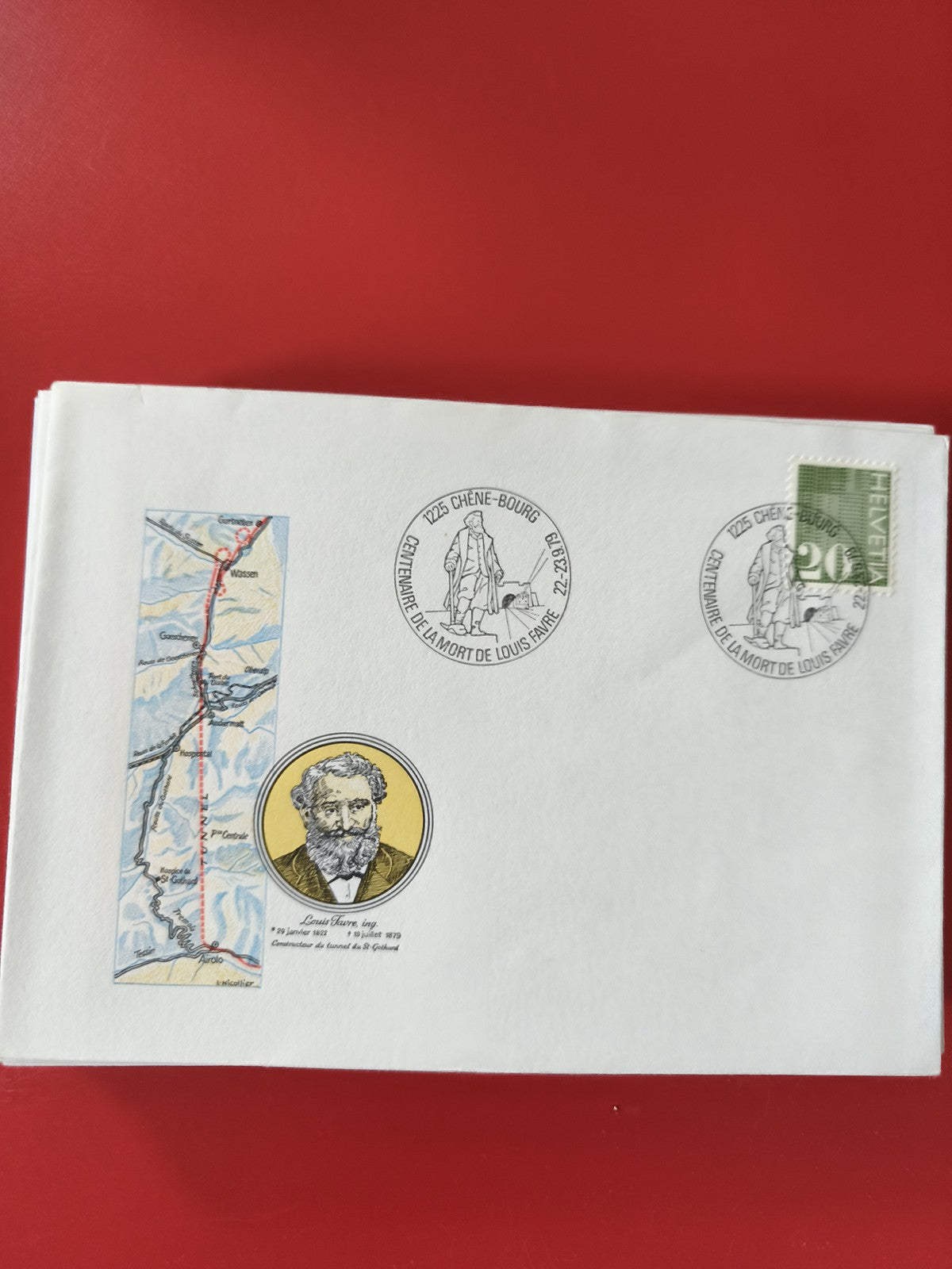 Enveloppe philatélie timbre Helvetia 20c, illustration Louis Favre, oblitération