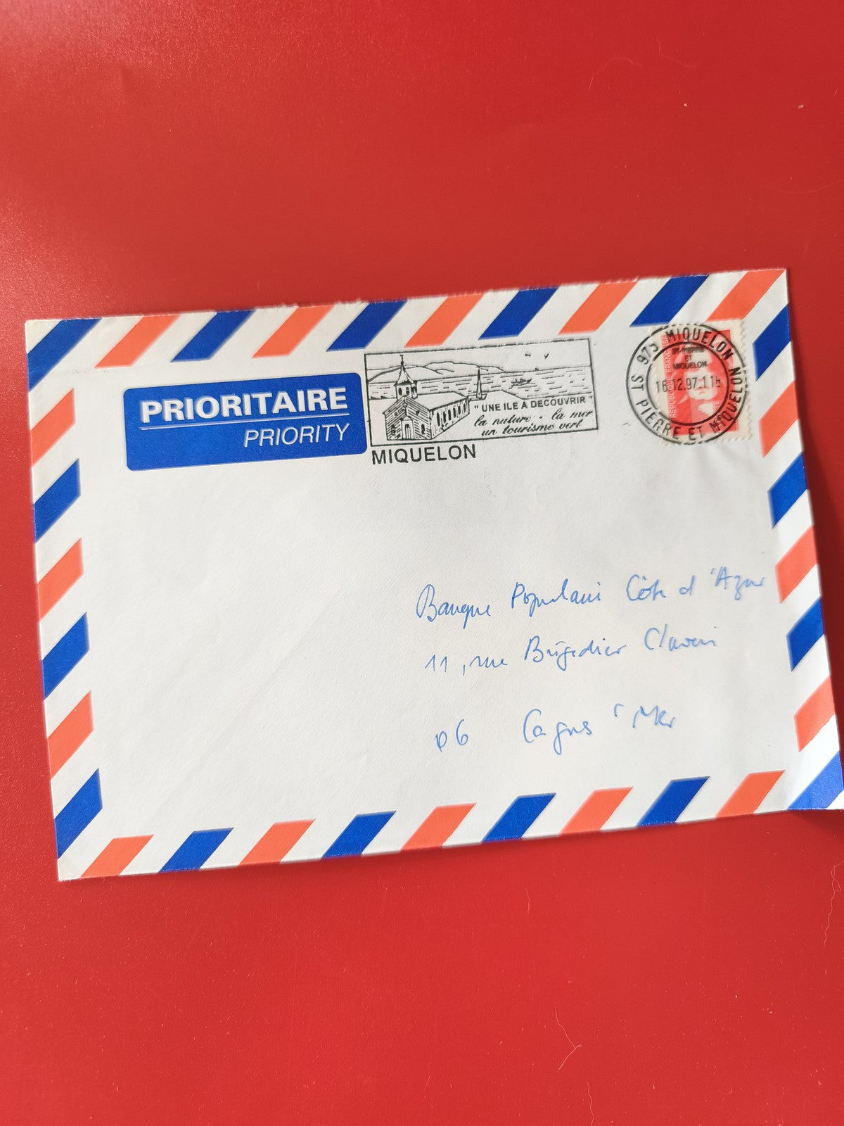 Enveloppe philatélie prioritaire Miquelon avion tricolore oblitérée