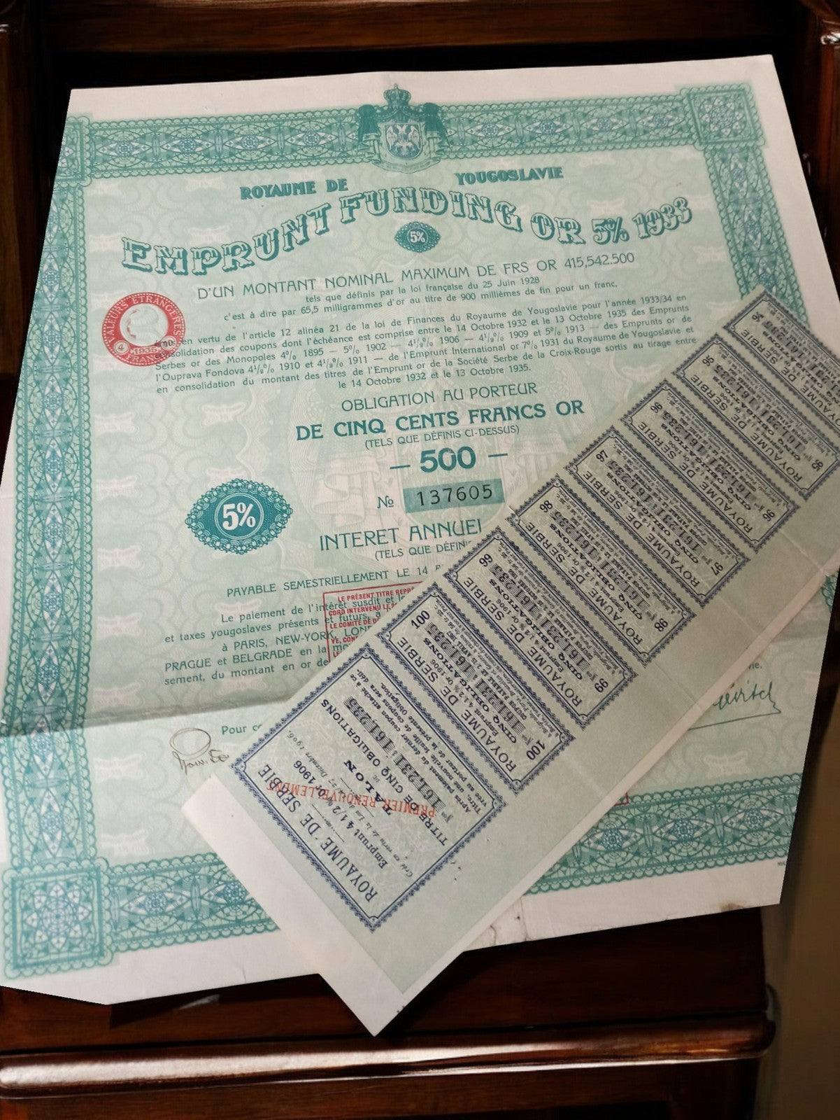 Action au porteur Emprunt Funding Or 5% 1933 Yougoslavie vintage ancien