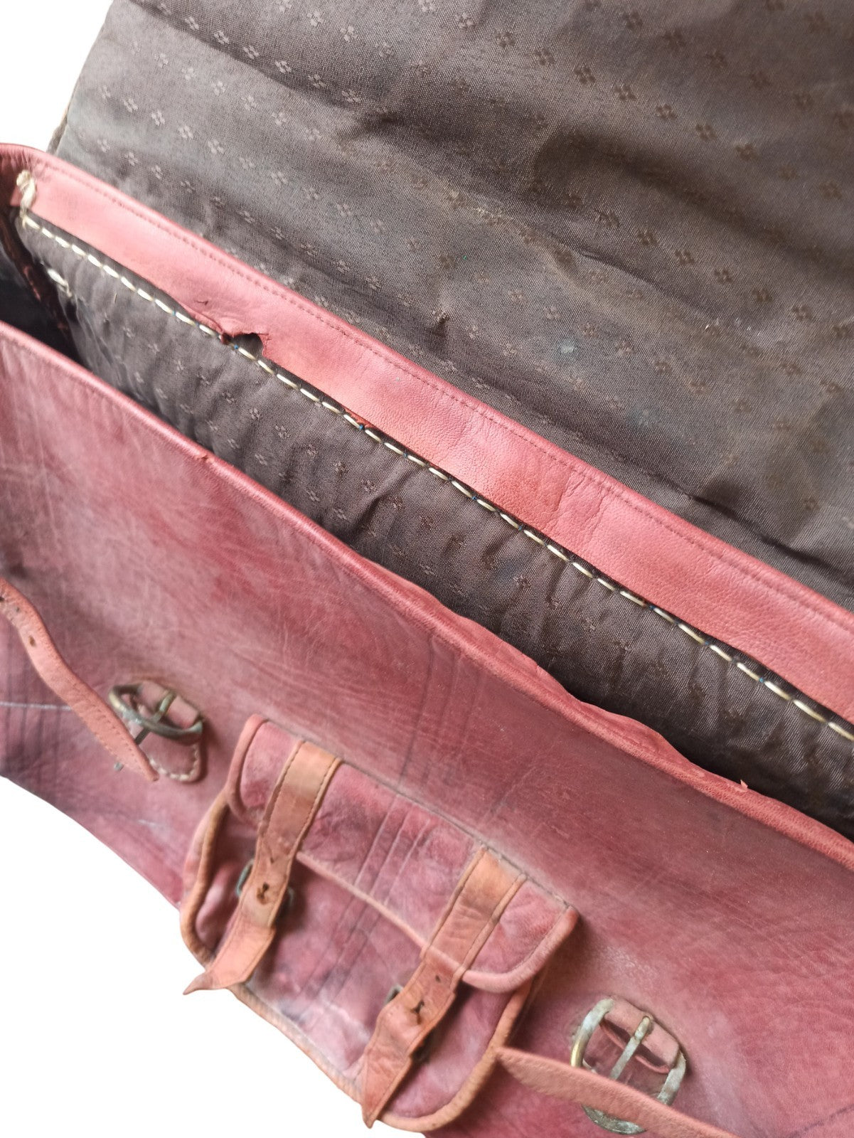 Cartable ancien cuir marron grand format sac vintage rétro scolaire