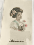 Carte postale ancienne Anniversaire jeune fille ruban rose CPA début XXe