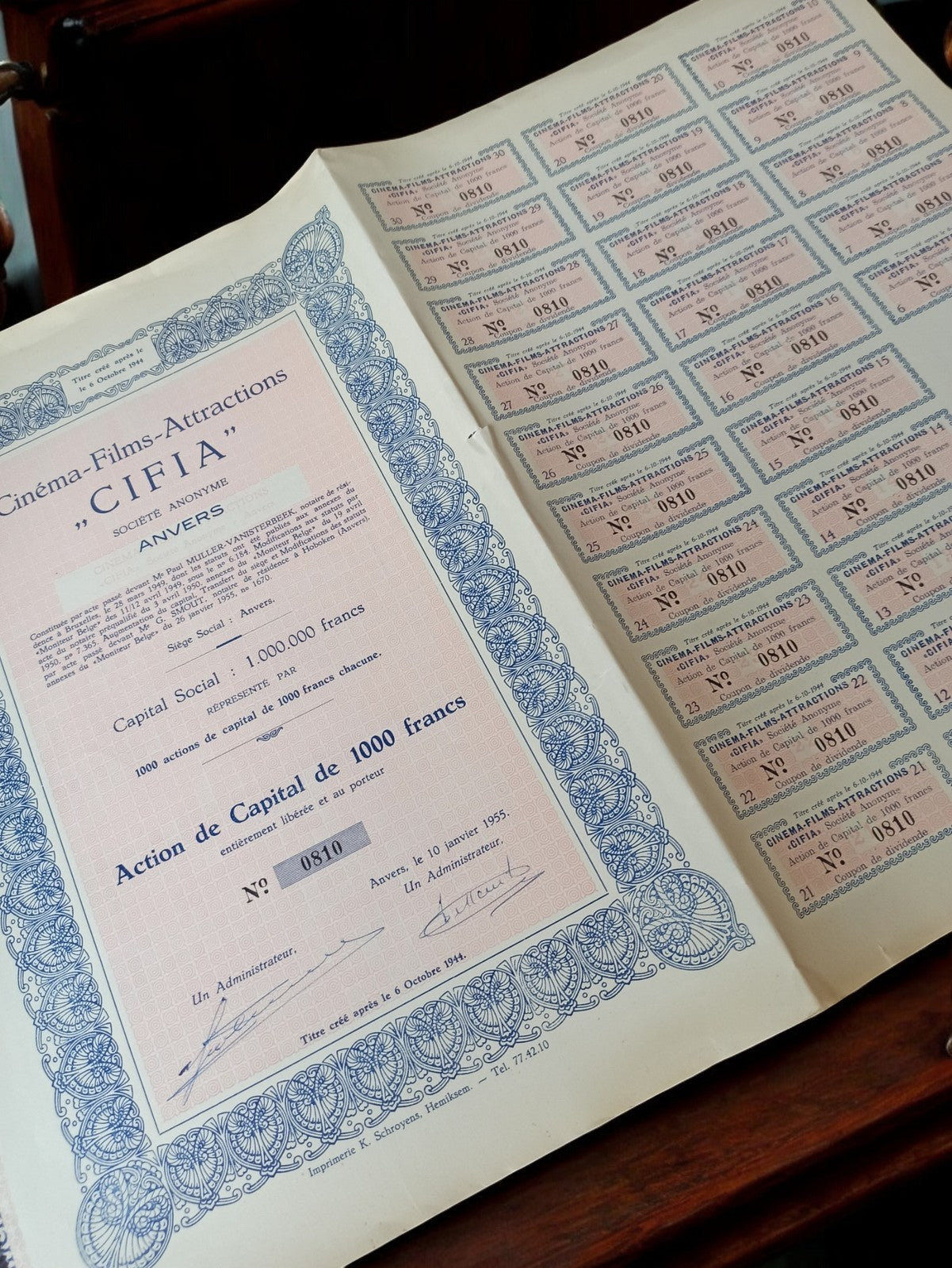Action au porteur CIFIA cinéma années 50, document ancien rétro, Anvers