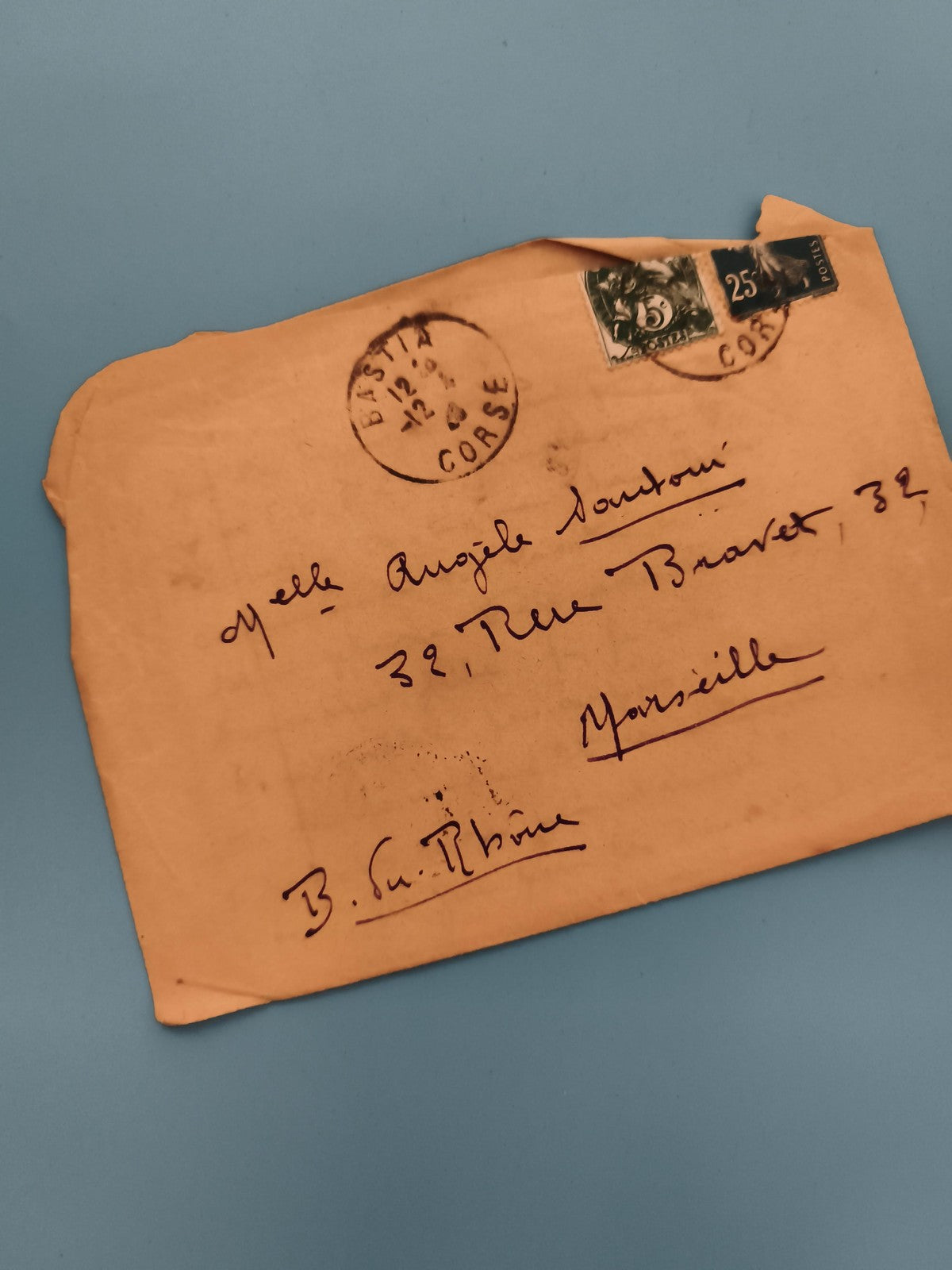 Lettre ancienne Bastia Corse timbres 25c 5c enveloppe manuscrite Marseille (Ref