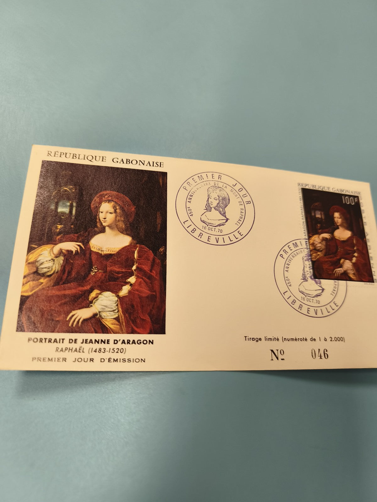 Enveloppe FDC Gabon Portrait Jeanne d'Aragon 1970 Timbre 100F numérotée