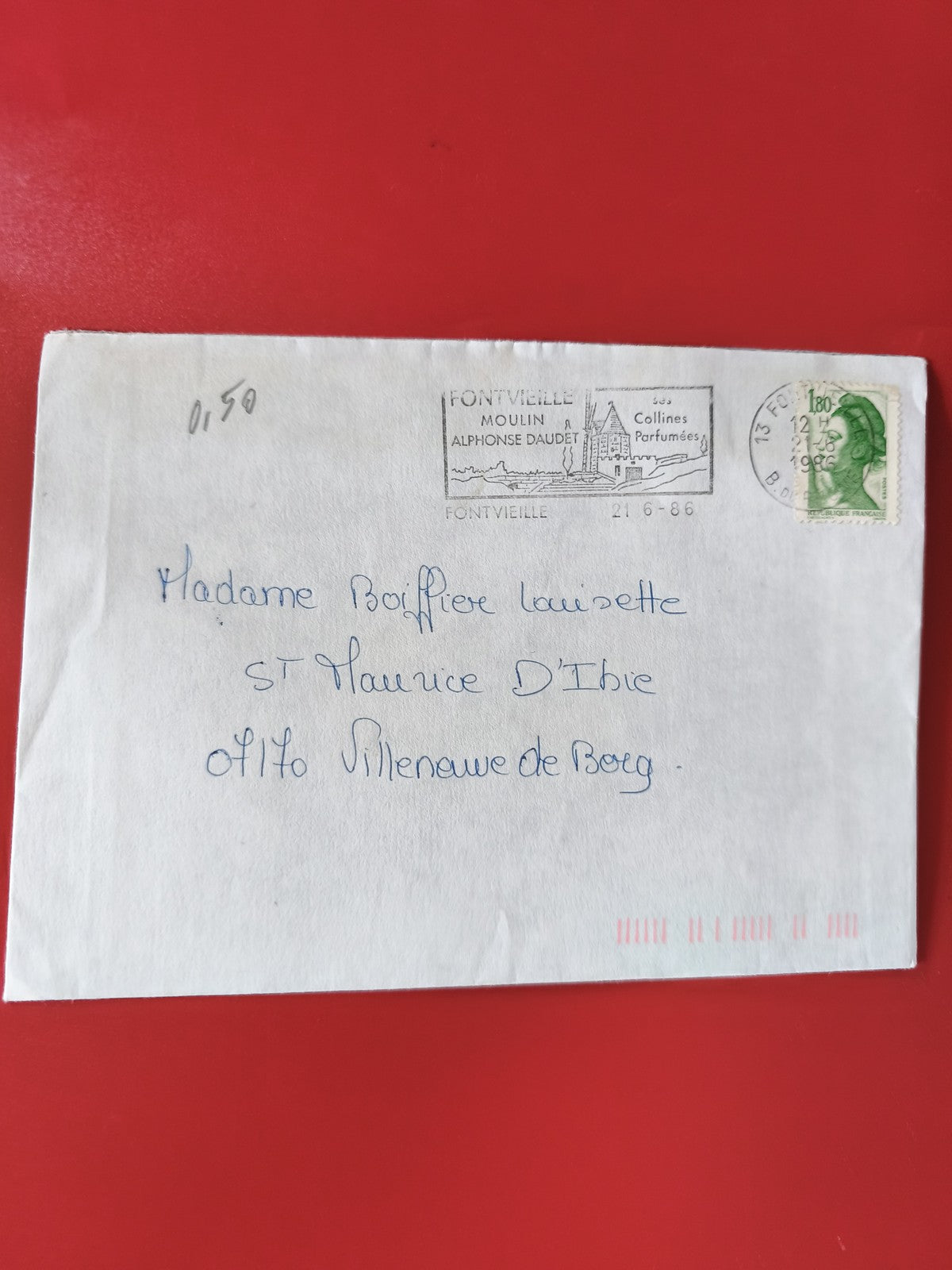 Enveloppe timbrée philatélie Fontvieille oblitérée, écriture manuscrite