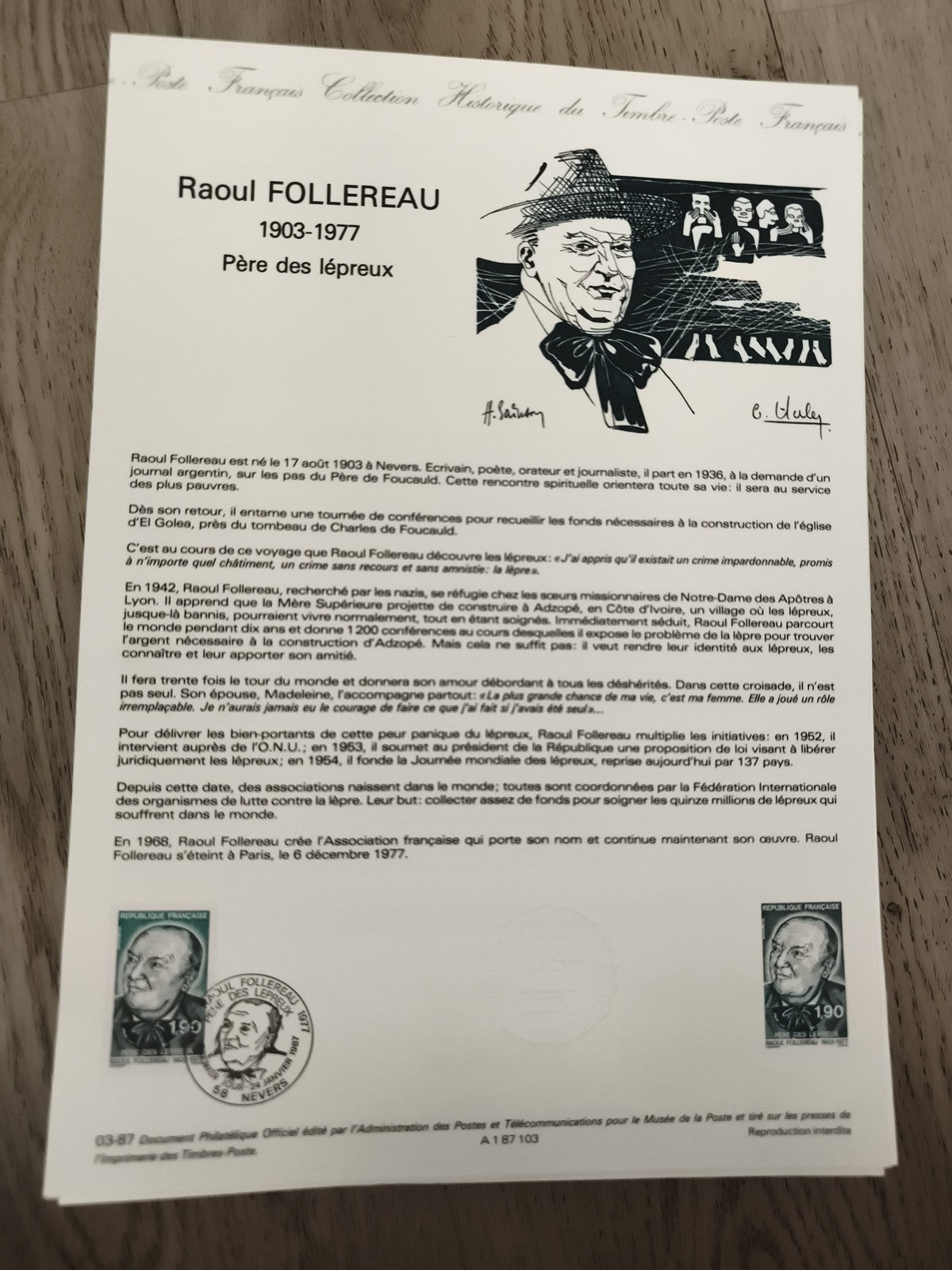 Lettre philatélique Raoul Follereau 1903-1977 timbres 1,90F France cachet 1987