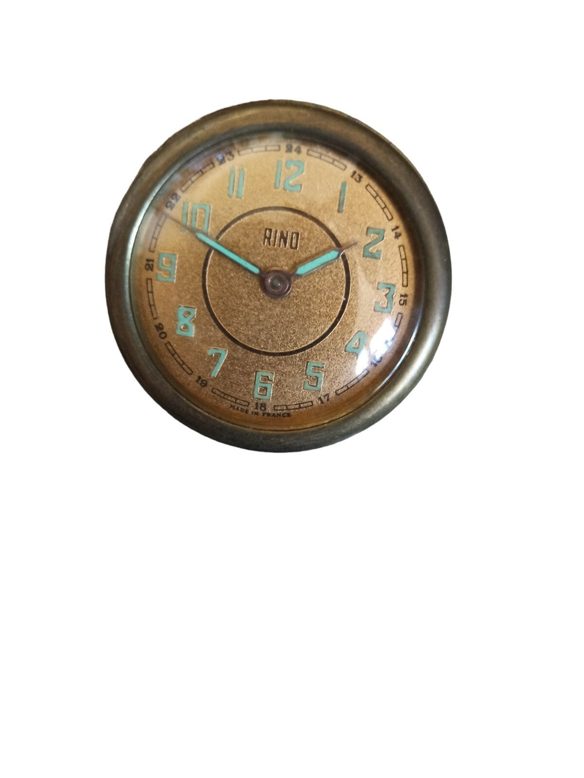 Horloge ancienne RINO vintage, cadran doré, mécanisme à remontoir, Made in Franc