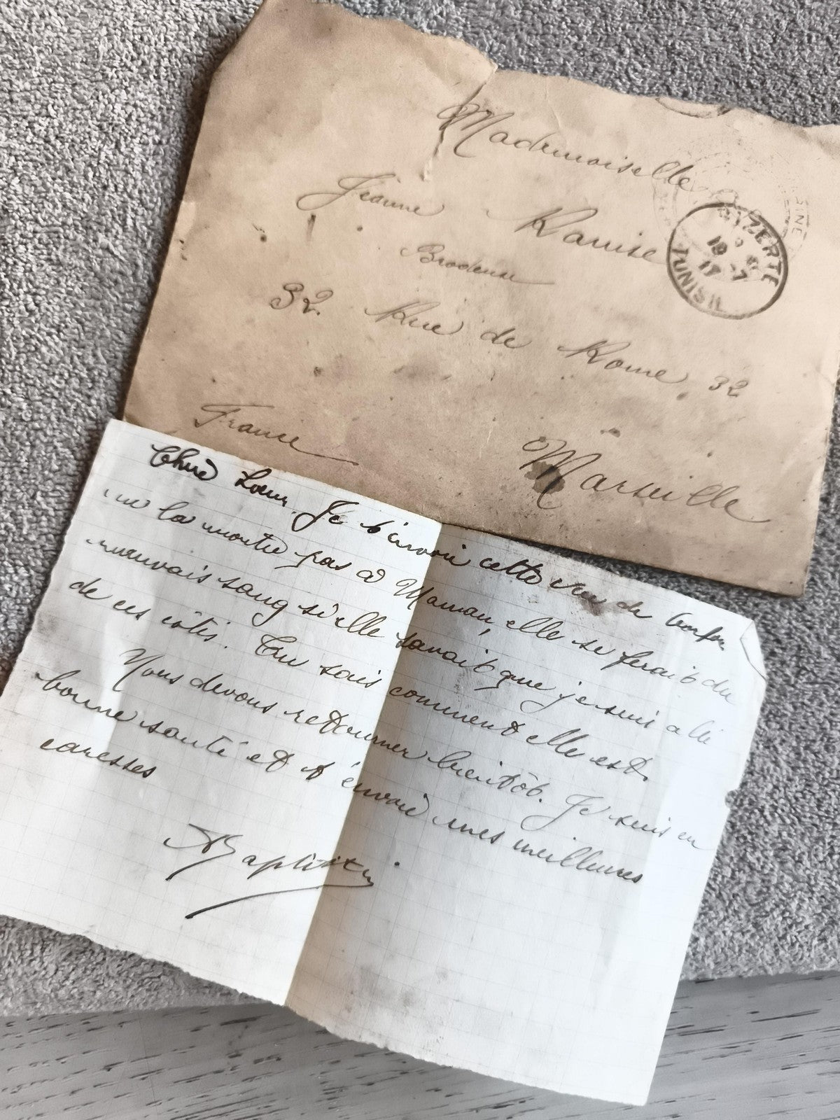 Lettre ancienne manuscrite WW1 enveloppe Marseille Tunisie 1917 écriture vintage