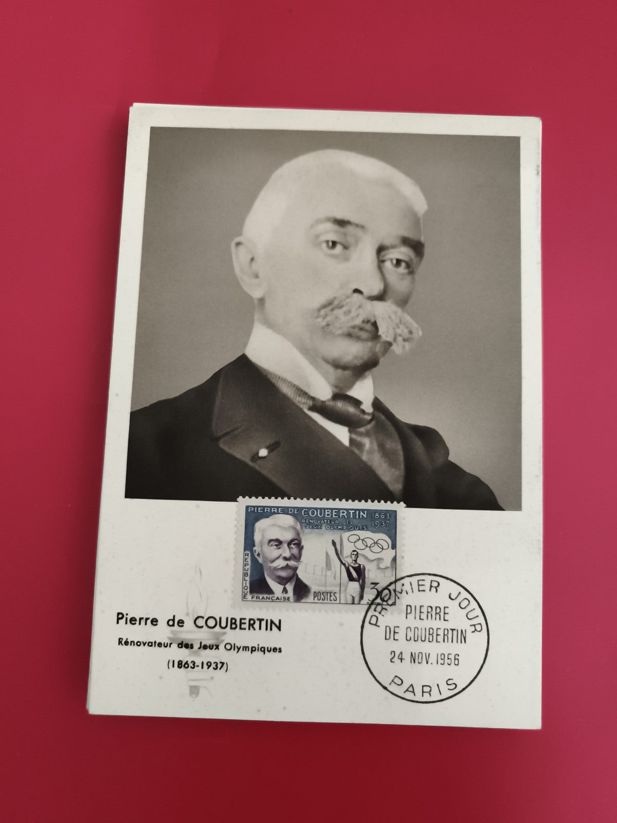 Carte Premier Jour Pierre de Coubertin 1956 Paris timbre philatélie (Ref 1)