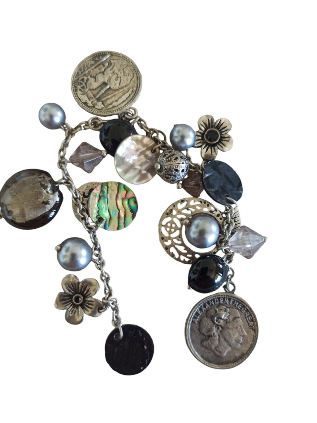 Bracelet vintage années 90 breloques médaillon nacre perle rétro à restaurer