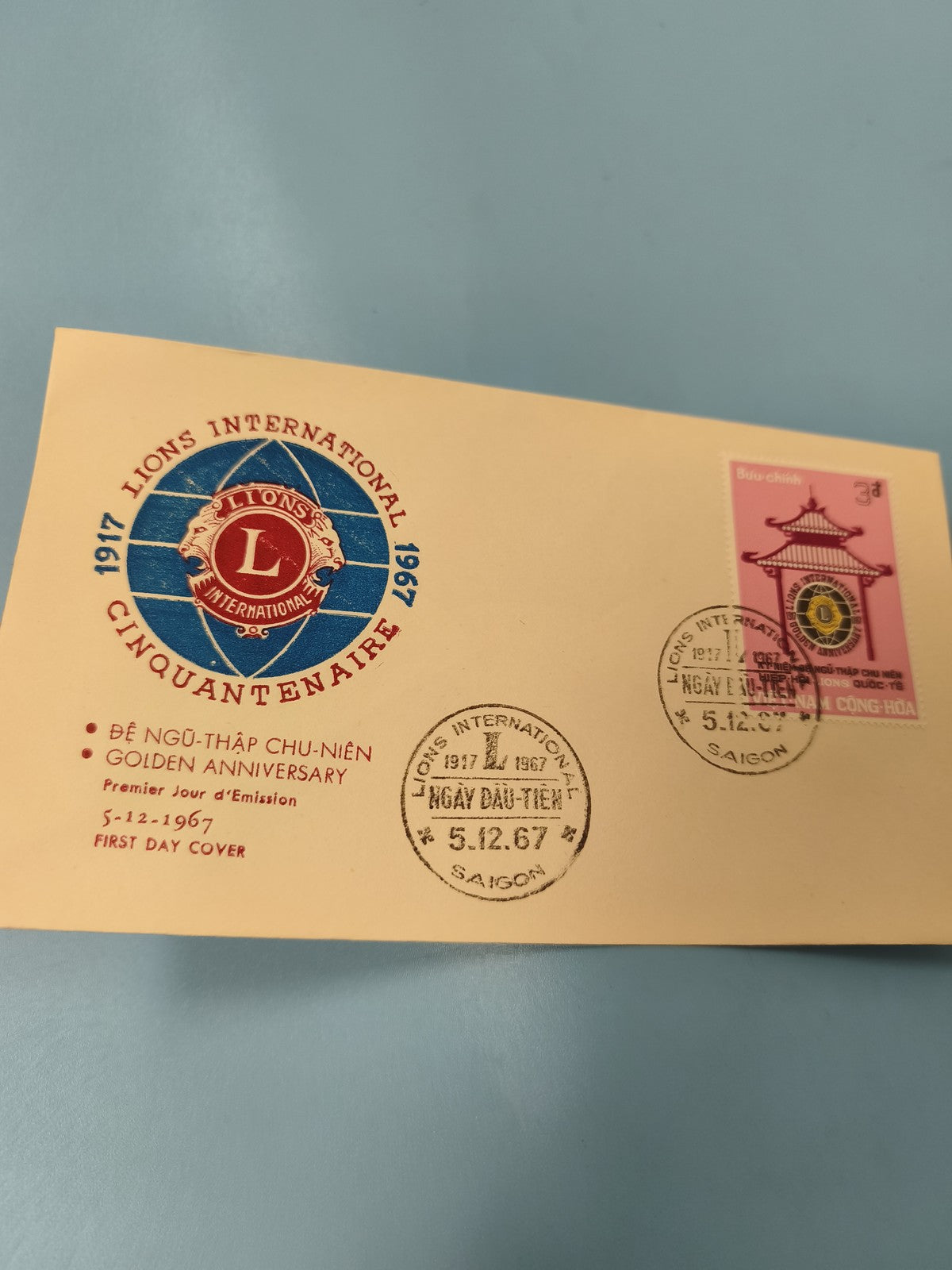 Ancienne enveloppe FDC Vietnam 1967 Lions Club timbre Saigon premier jour