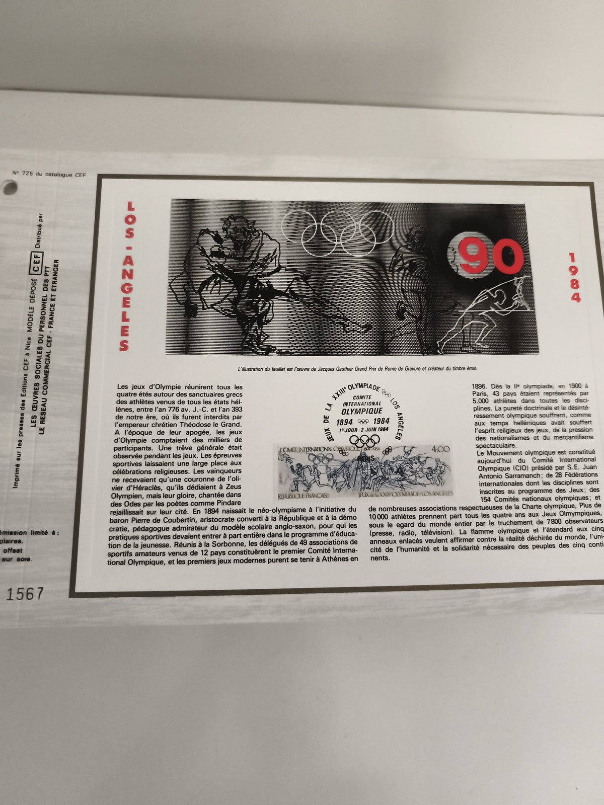 Feuillet philatélique CEF Jeux Olympiques Los Angeles 1984 timbre 4,00F illustré