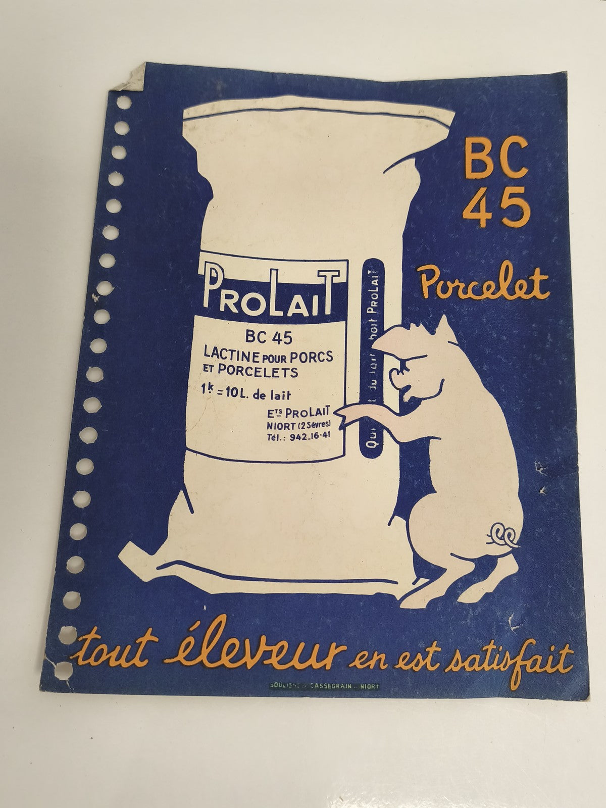 Affiche publicitaire ancienne Prolait BC45 porc lait porcelet vintage bleu jaune