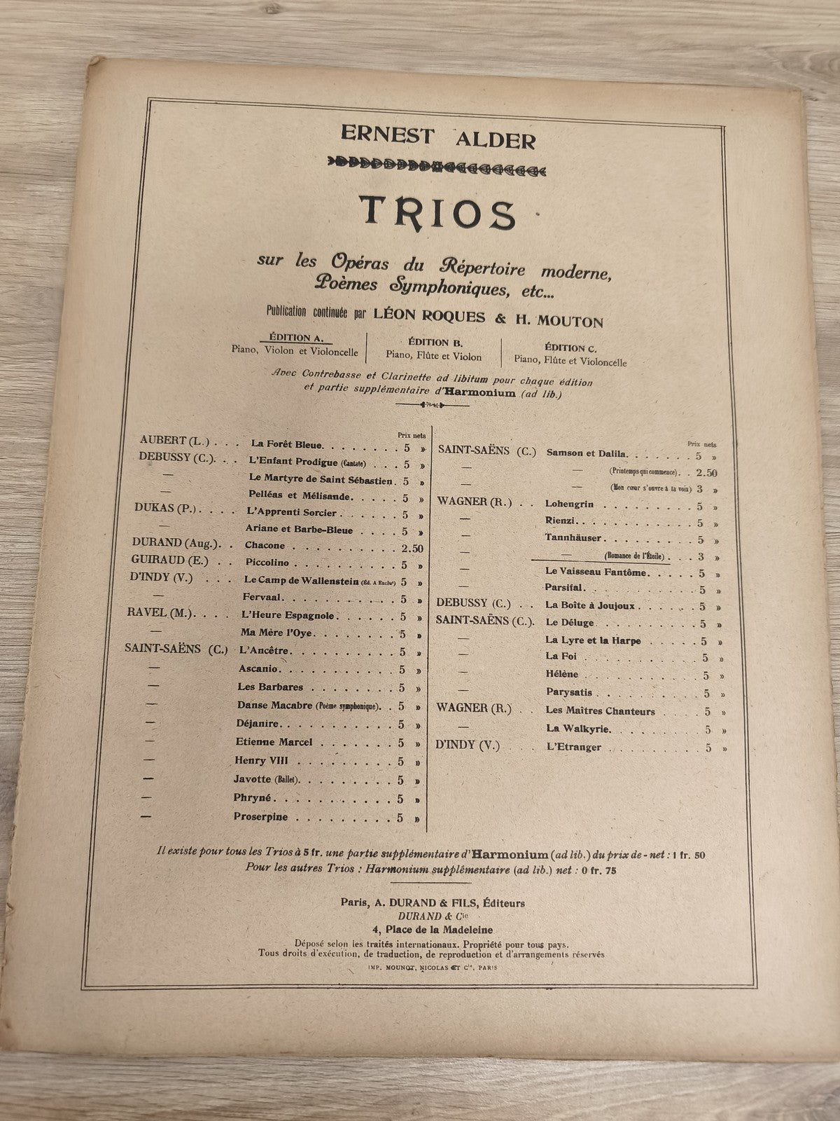 Ancien livre partitions Ernest Alder Trios violon piano Durand Paris vintage