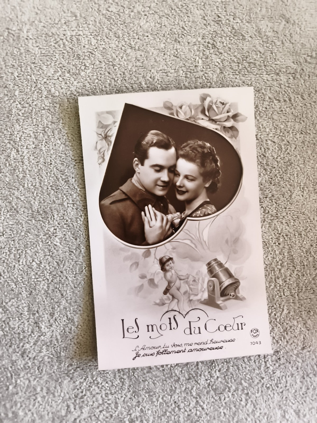 Carte postale ancienne "Les mots du Cœur" CPA romance militaire noir et blanc