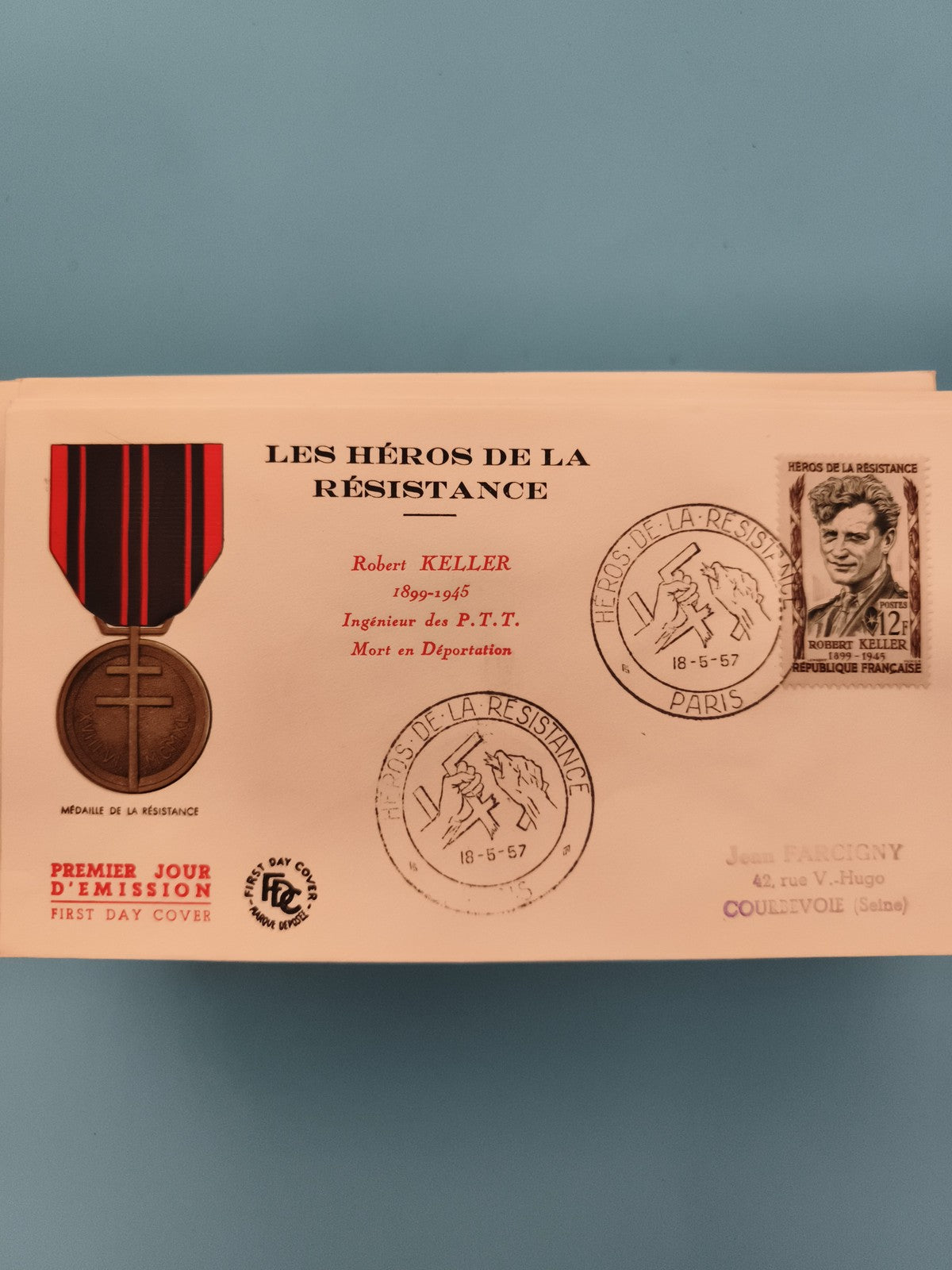 Lettre Premier Jour Héros Résistance Robert Keller 1957 timbre 12f philatélie FD