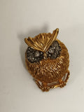 Broche ancienne hibou doré strass vintage, bijou fantaisie rétro chouette
