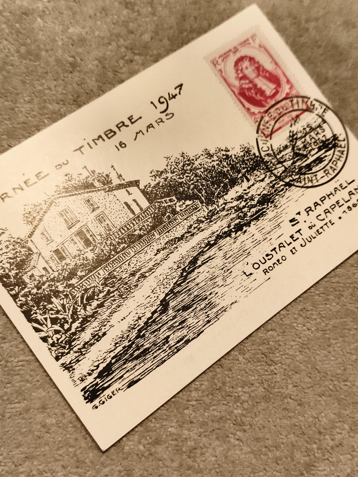 Carte postale oblitérée Journée du Timbre 1947 St Raphaël philatélie (Ref 27)
