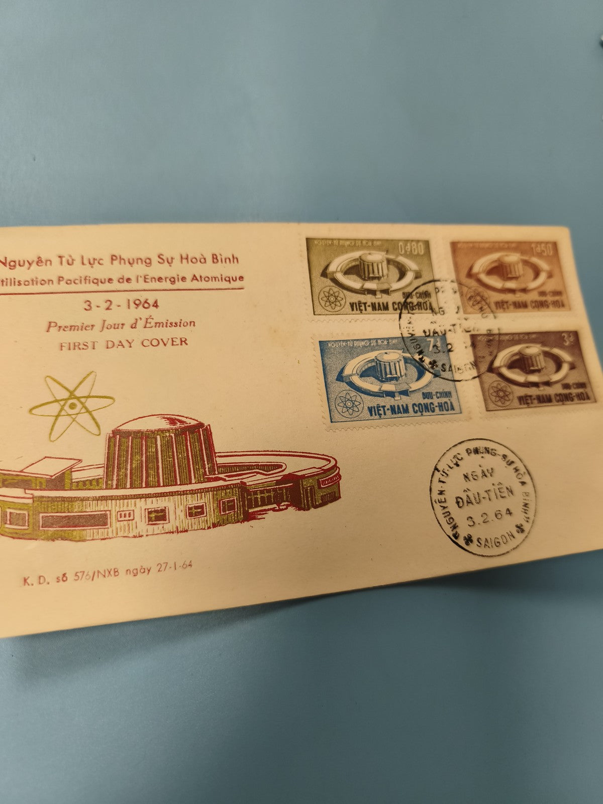 Ancienne enveloppe FDC Vietnam 1964 énergie atomique, timbres illustrés