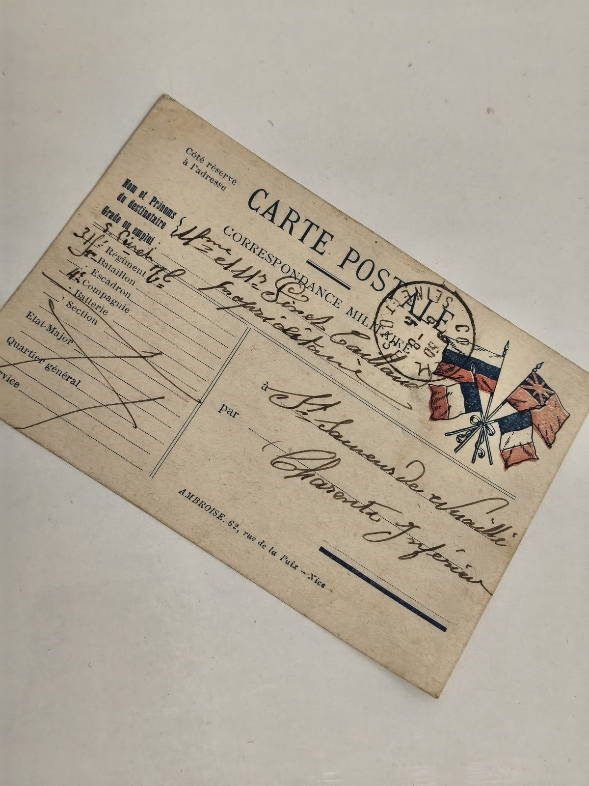 Carte postale militaire ancienne France 14-18 drapeaux illustrée tampon Nice
