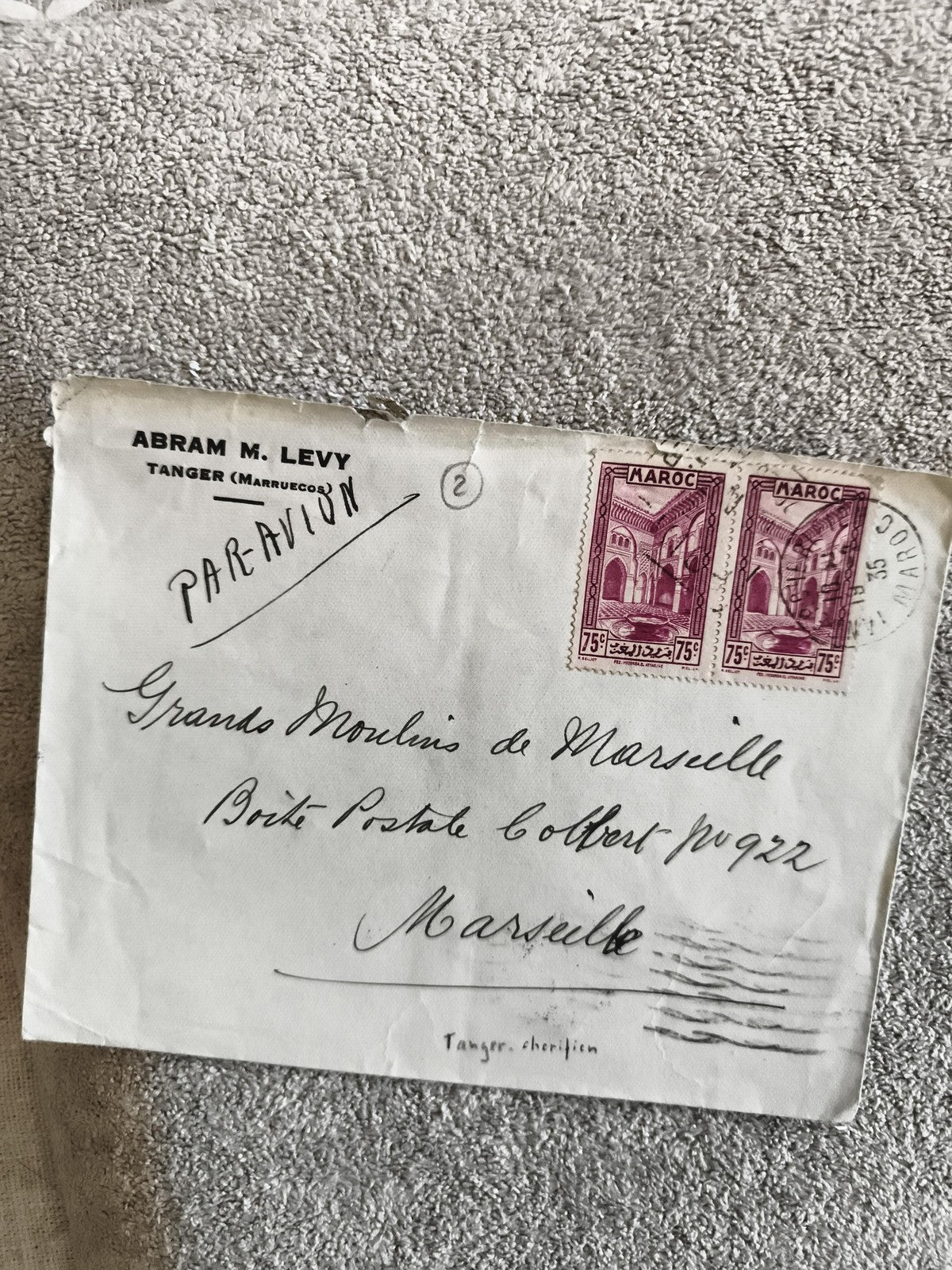 Lettre affranchie Maroc Tanger 2 timbres 75c cachet 1935 Par Avion philatélie
