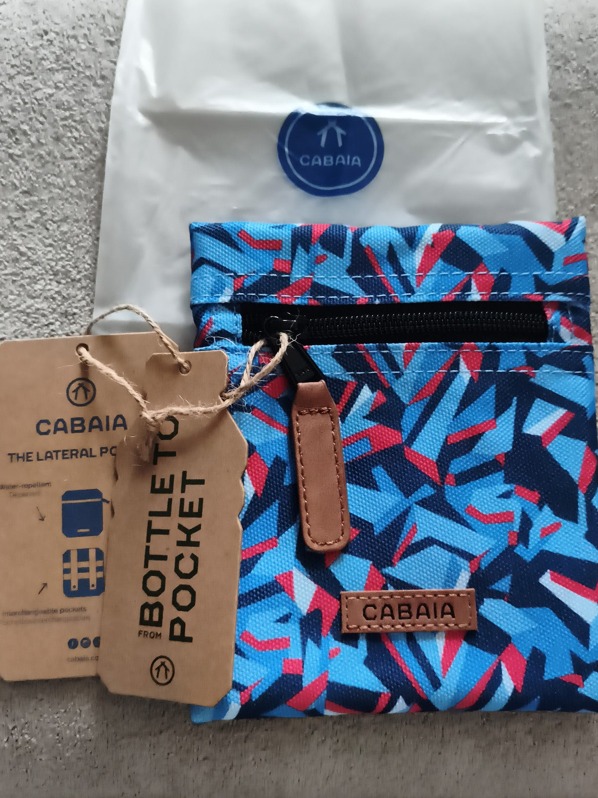 Pochette latérale Cabaia neuve bleu motif zip 15 cm accessoire sac