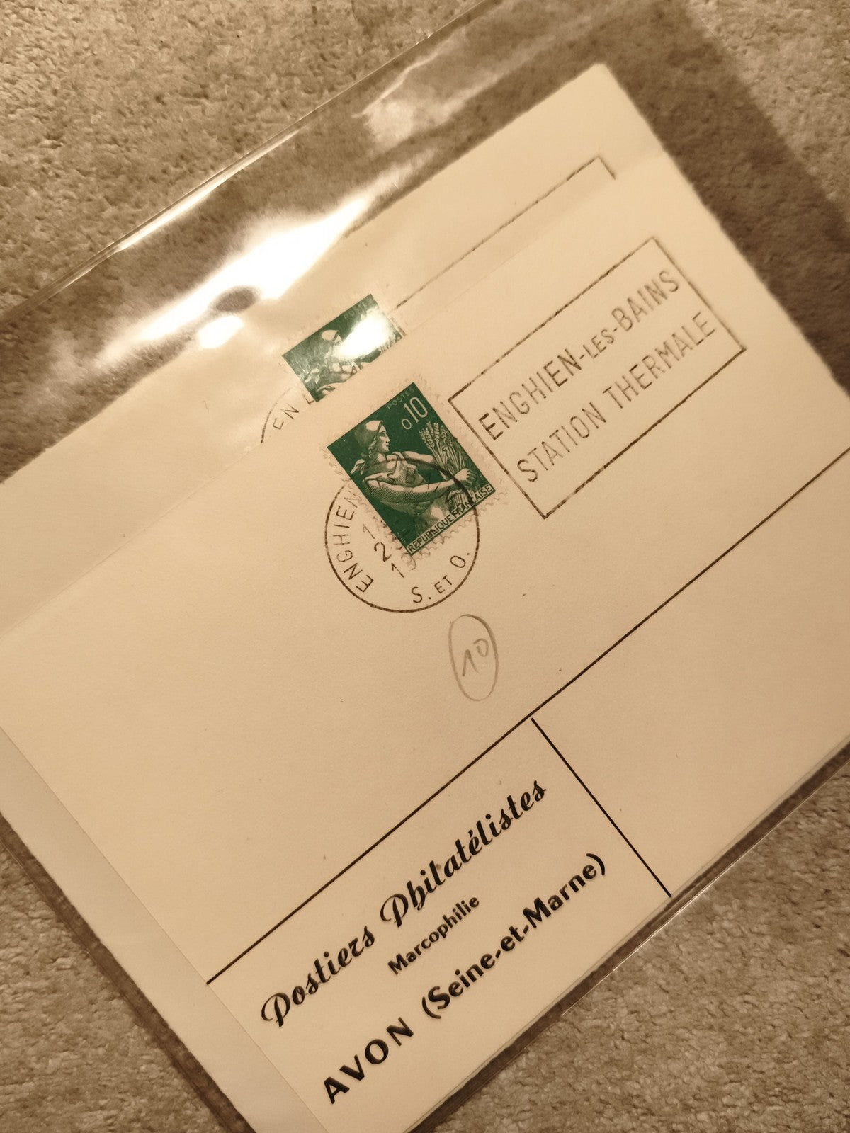 Lettre oblitérée Enghien-les-Bains station thermale, timbre 0,10 vert, marcophil