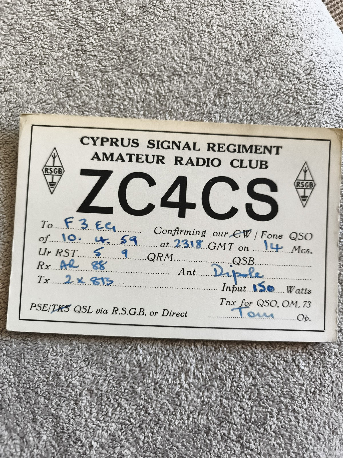 Carte QSL radio amateur ZC4CS Cyprus Signal Regiment 1959 ancienne QSO RSGB