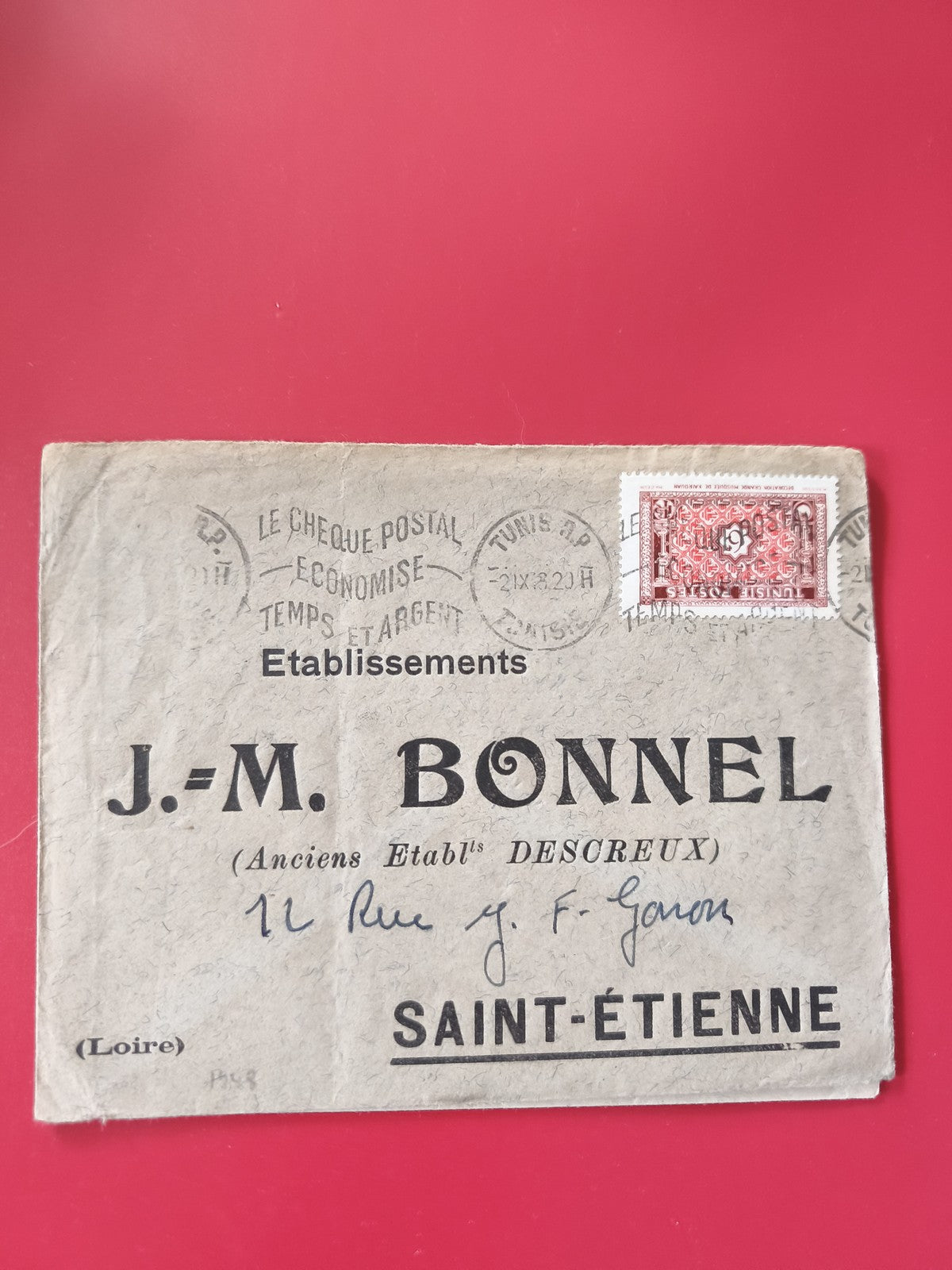 Enveloppe philatélie oblitérée J.-M. Bonnel Saint-Étienne avec timbre rouge