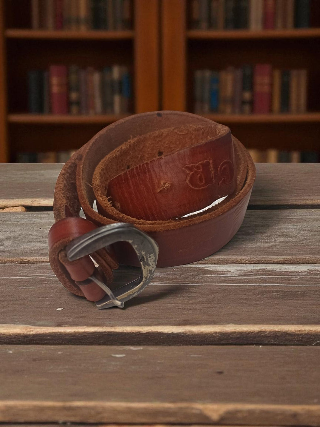 Ceinture vintage cuir véritable brun gravé cheval, boucle métal patinée