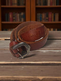 Ceinture vintage cuir véritable brun gravé cheval, boucle métal patinée
